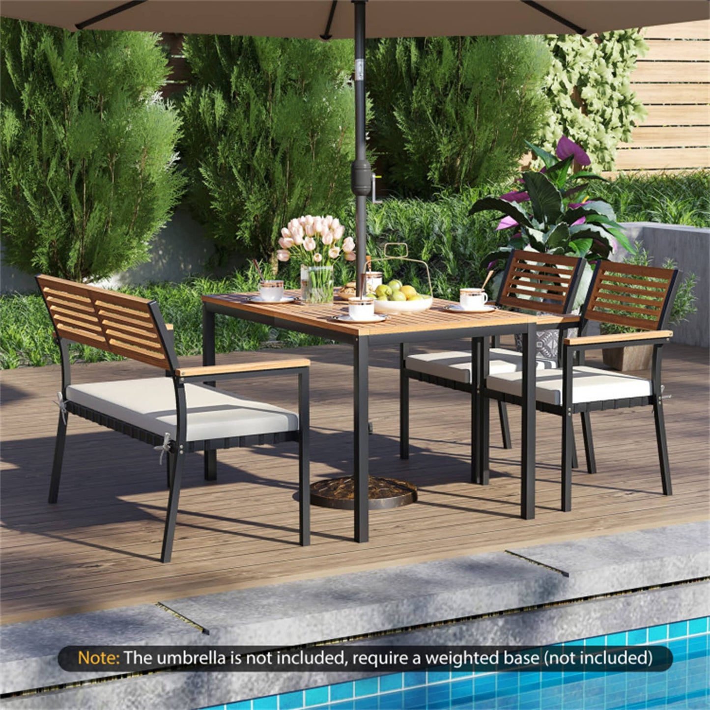 BABOOM Patio Furniture Set Outdoor Dining Chair Set 4 -Piece Black Patio Dining Set Wood Rectangle Table with 2 Off-white Cushions Stackable Stationary Chairs