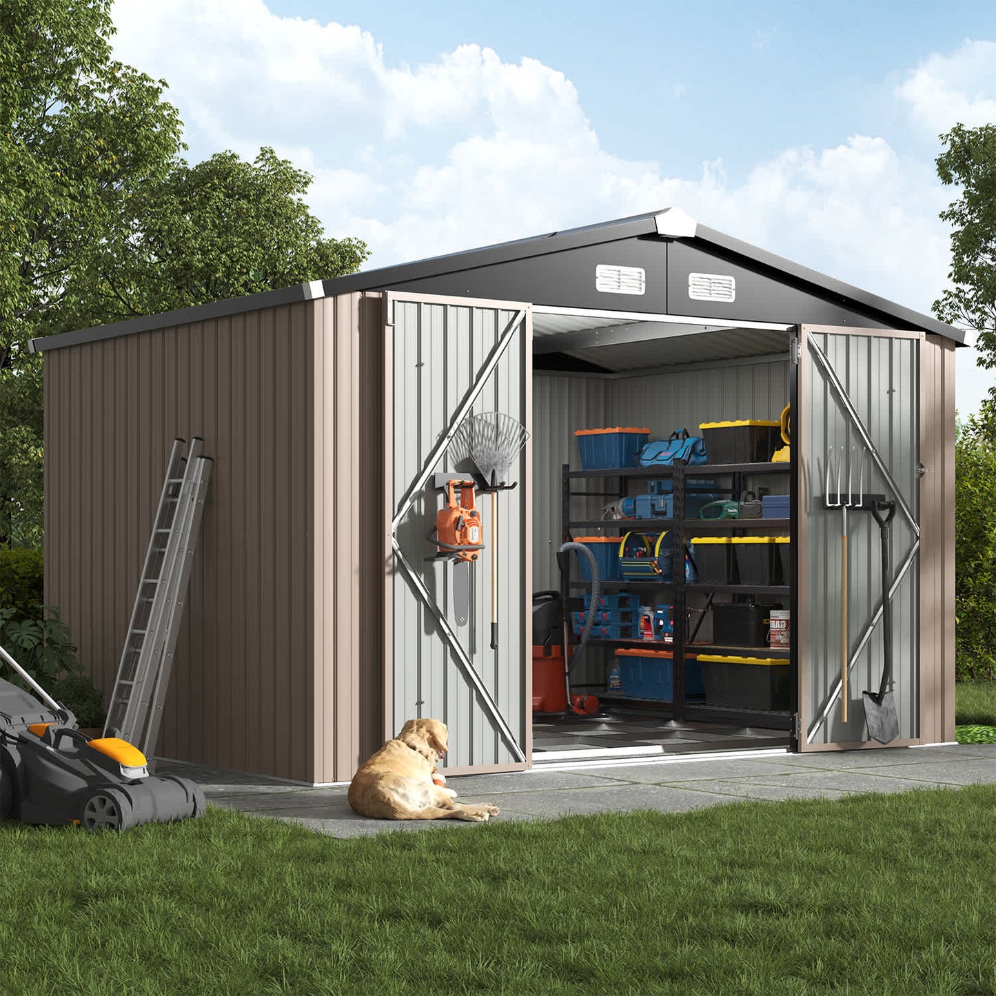 Sunmthink 10-ft x 8-ft Outdoor Metal Storage Shed with frame base Double Hinged Lockable Door Sloped Roof for Garbage Cans Tools Bikes Patio Garden