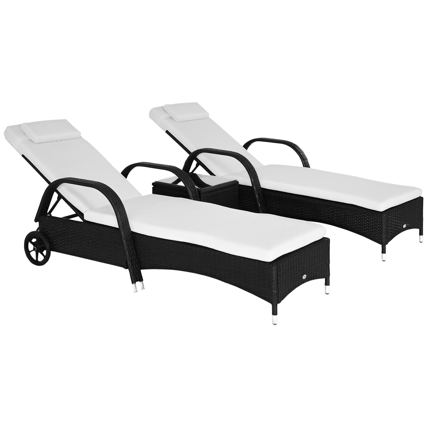 Outsunny Wicker Outdoor Chaise Lounge Chair Set of 3 with Side Table 5-Level Adjustable Backrest PE Rattan Pool Lounge Chair with Wheels Cushion and Headrest Black and Cream White