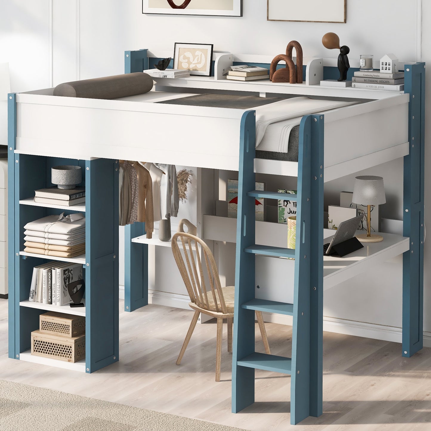 ModernLuxe Full Size Wood Loft Bed with Builtin storage shelves Clothes rails and desk WhiteBlueEstimated arrival time:8.23