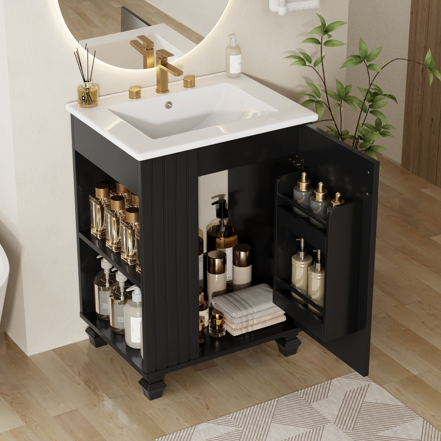 Christopher Knight Home 24 Inches Bathroom Vanity with Sink Bathroom Cabinet with Door Shelf Side Open Storage Solid Wood Frame Soft Closing Door Black