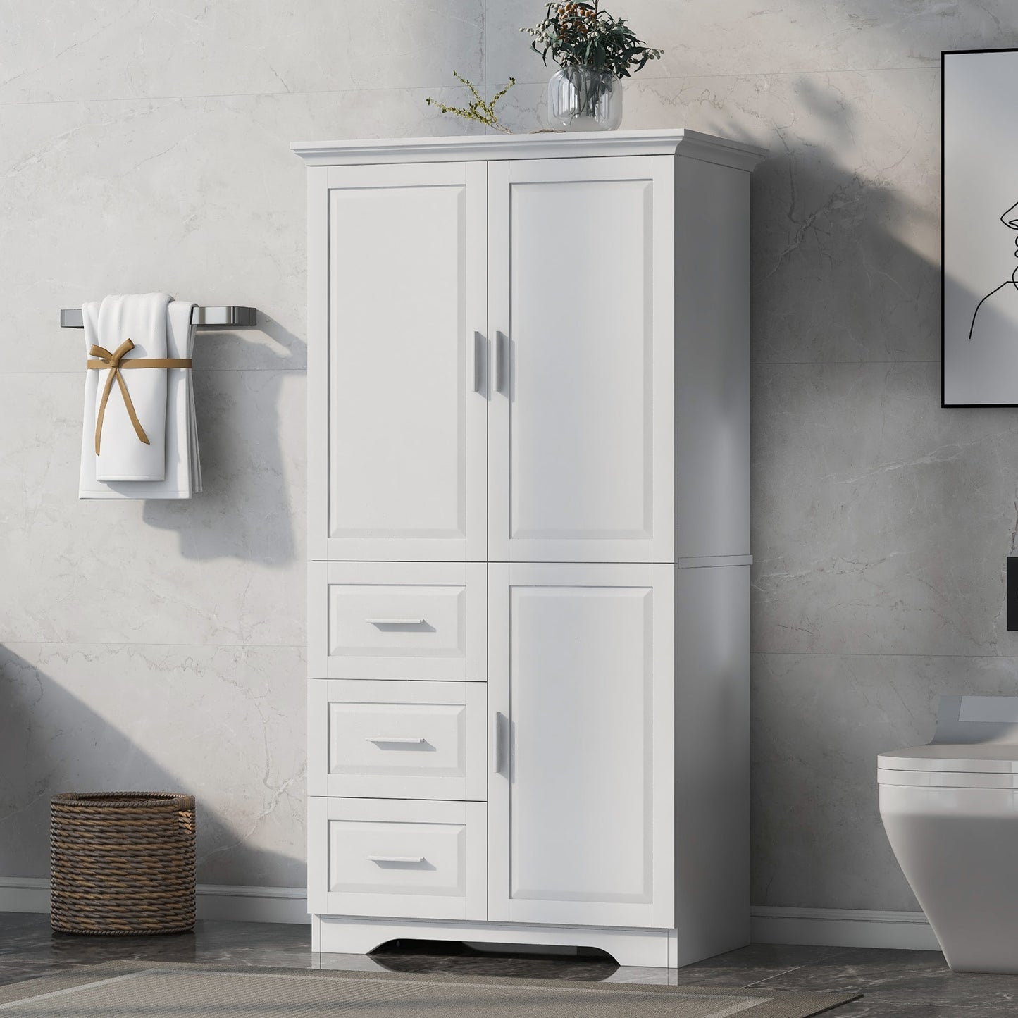 GDFStudio Slate Tall Wide White Storage Cabinet with Doors and 3 Drawers for Bathroom or Office