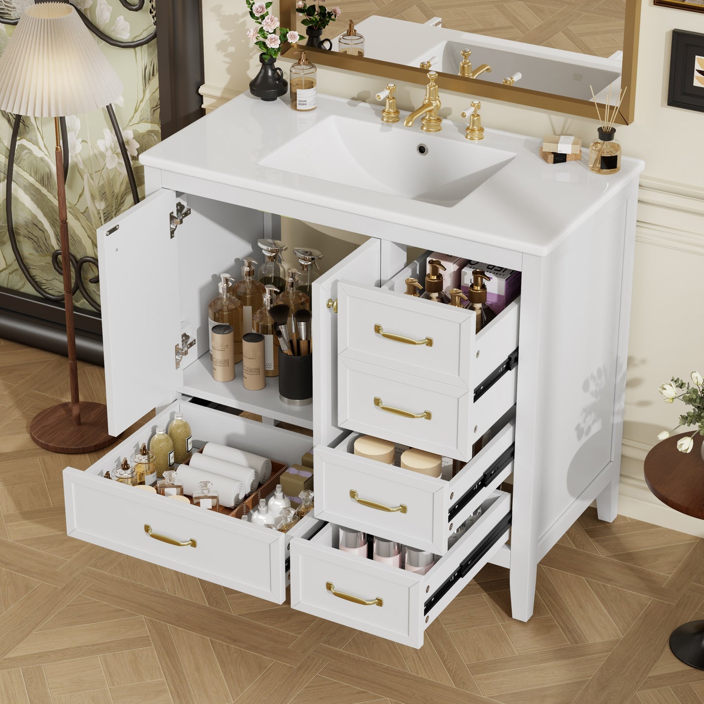 LOVMOR Bathroom Vanity with Sink Bathroom Cabinet with Soft Closing Door 4 Drawers of Different Sizes Solid Wood Frame and Leg One Package White
