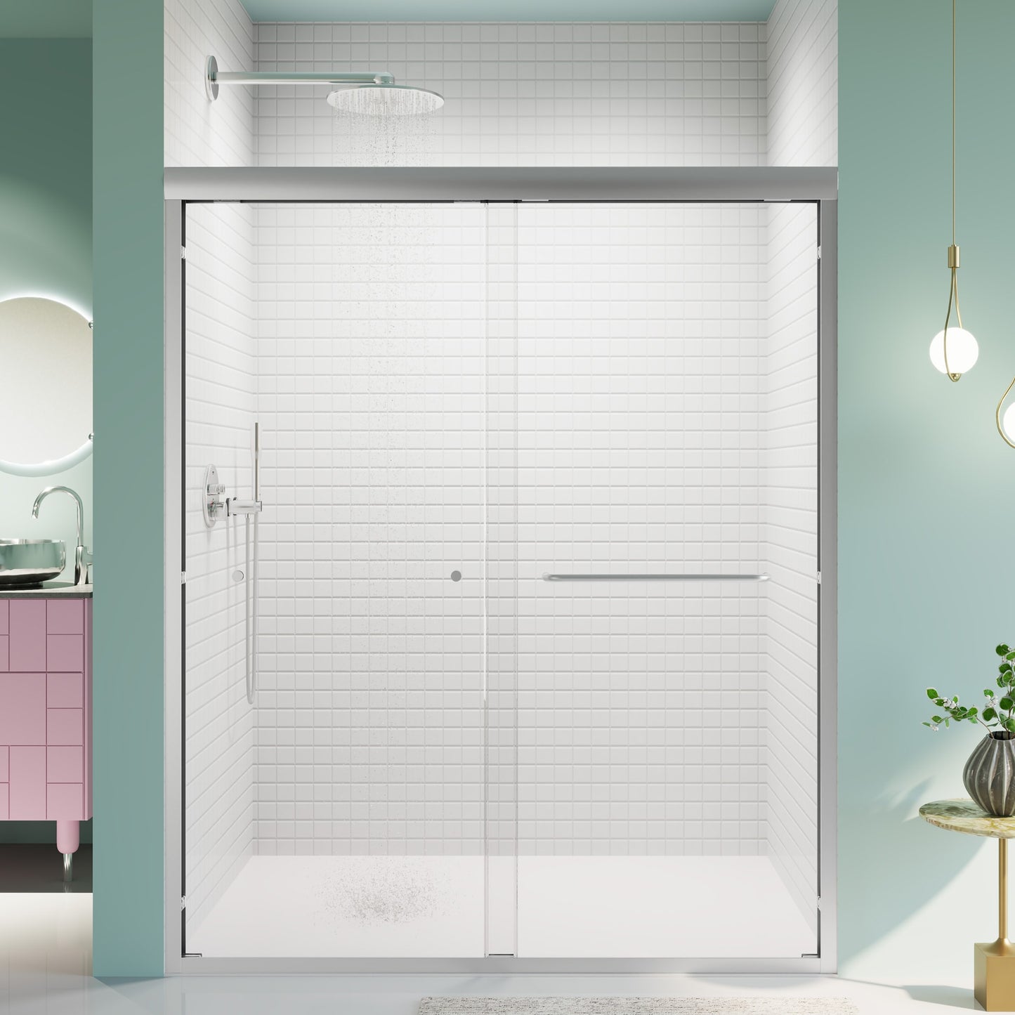 Tatayosi 56-60inches W x 72inches H Semi-Frameless Double Sliding Shower Door Shower Door 1/4inches (6mm) Thick SGCC Tempered Glass Door Chrome