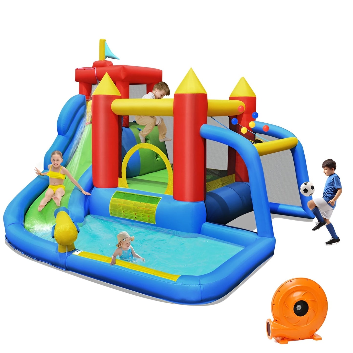 Slickblue Multicolor 6-in-1 Inflatable Water Park Castle with Jumping Area Football Gate and Cannon – 11.4-Ft Oxford Cloth Outdoor Backyard Bounce House