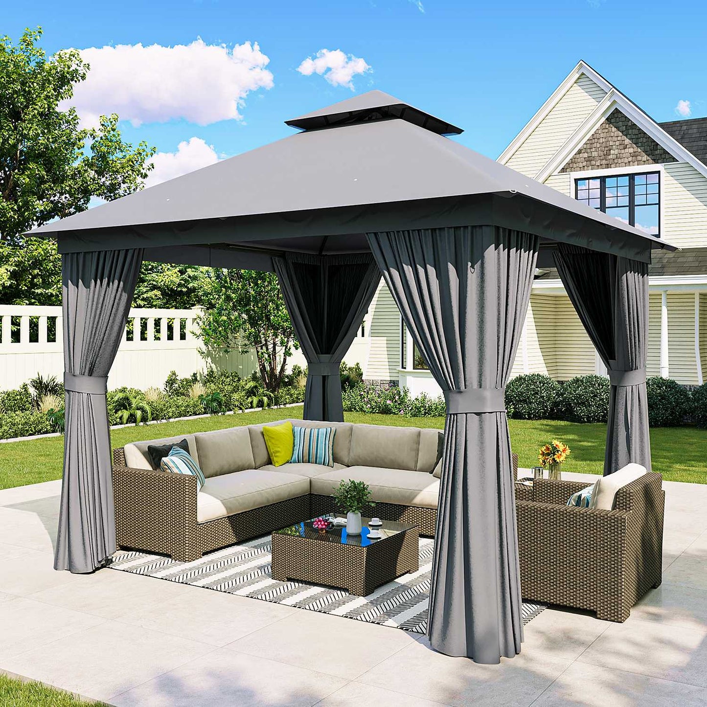 Sunmthink 10x10FT Softtop Gazebo Metal Frame Double Roof Canopy Heavy Duty Party Tent and Shelter with Mosquito Netting and Privacy Curtains Designed for Backyard Lawn Garden Patio