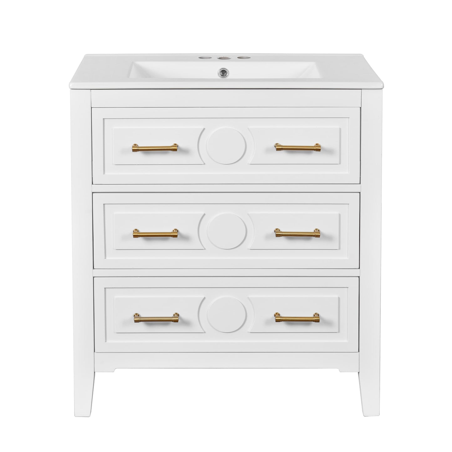 Vynxaria 30 Inch Bright White Free Standing Bathroom Vanity with Ceramic Sink Single Unit Solid Wood Frame Three Soft Close Drawers Retro