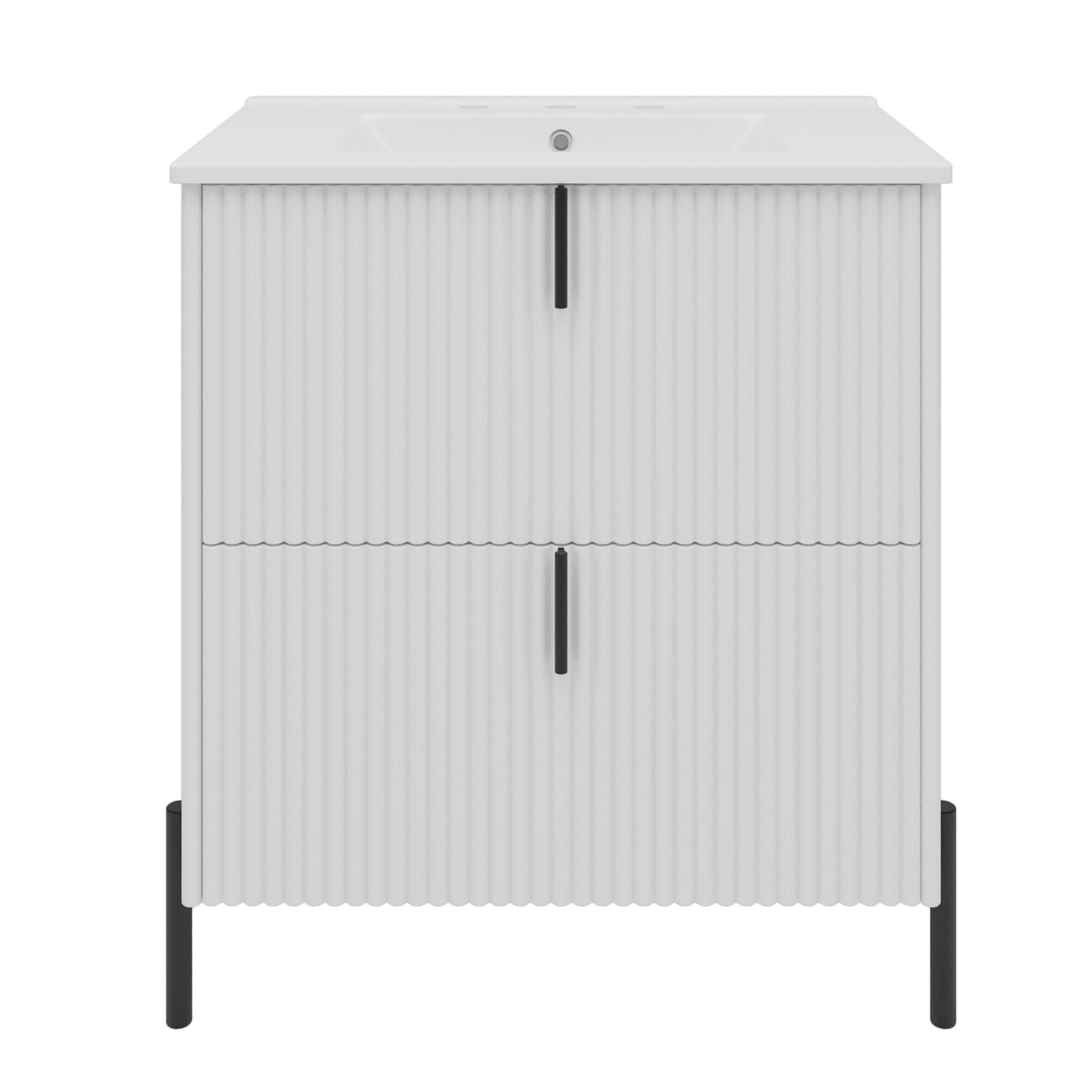 Vynxaria 30 Inch White Fluted Bathroom Vanity with Ceramic Sink One Complete Set Solid Wood Cabinet Two Full Extension Soft Close Drawers Vertical