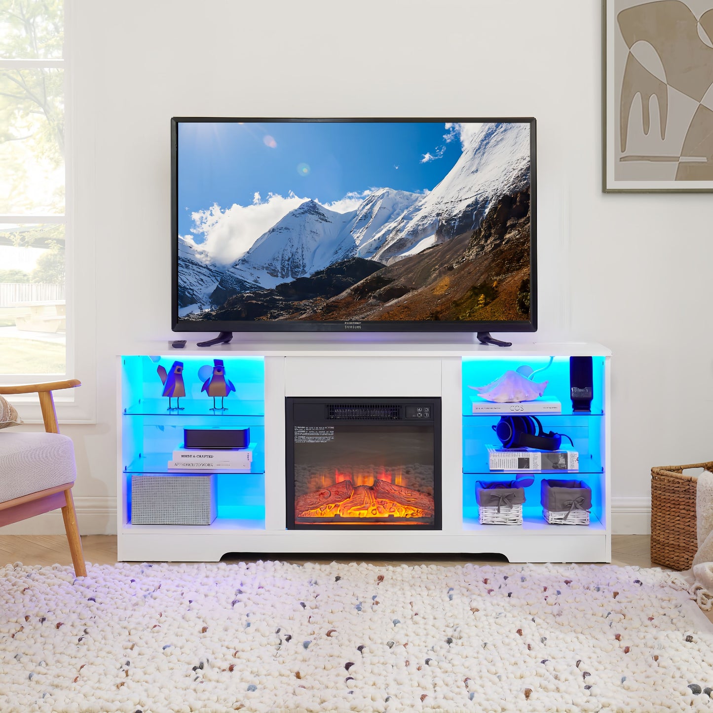 LOVMOR TV Stand Electric Fireplace TV Stand with Glass Shelves 3D Fireplace TV Stand with LED Lights Wood with USB Charging Outlet Modern Television Table Center for TV up to 32-62in White