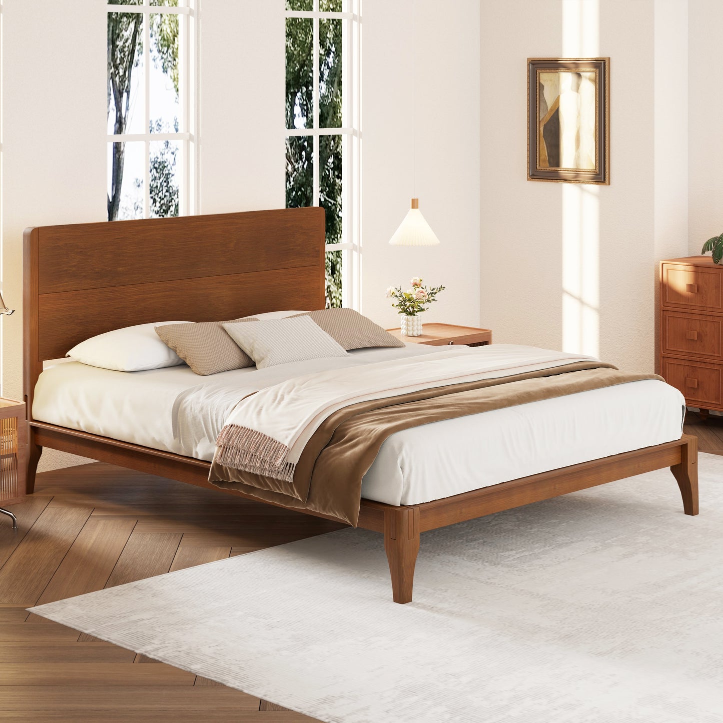 GDFStudio Mid Century Modern Platform Bed Queen Size 12-inch Bamboo Wood-Brown