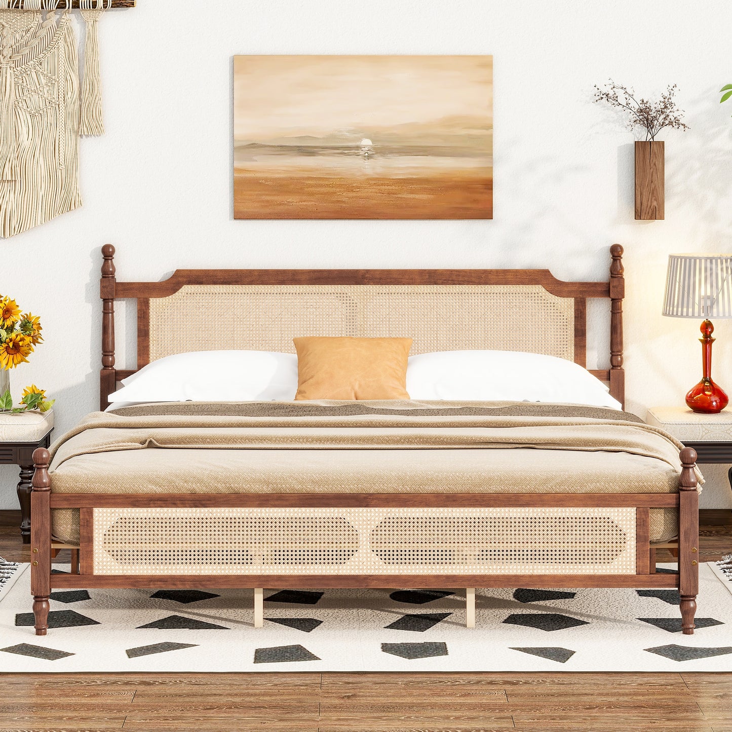 GDFStudio Pine Platform Bed with Rattan Headboard and Solid Wood Frame – King – Walnut Finish