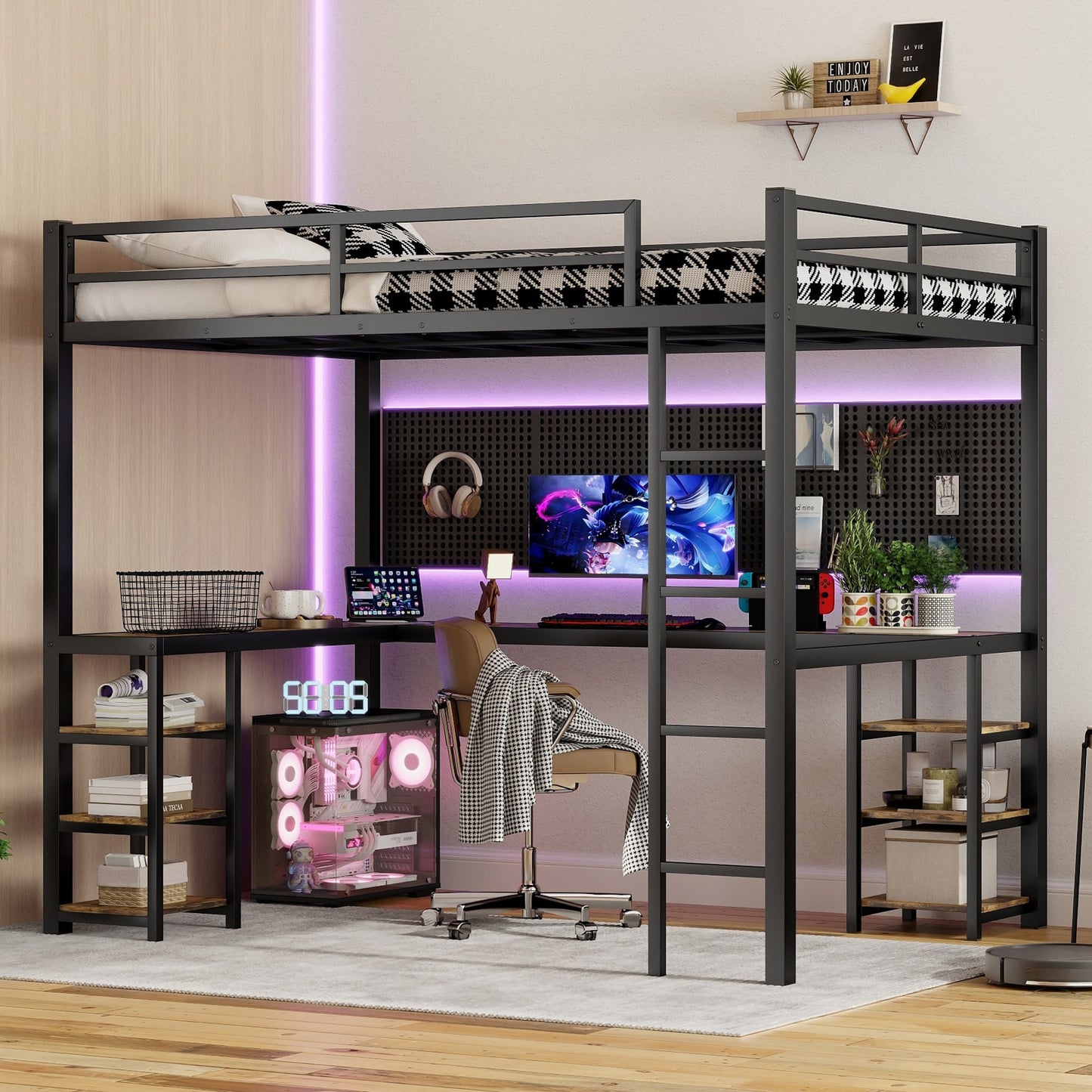 Tatayosi Black Full XL Metal Loft Bed with Desk Shelves Ladder and Guardrails for Bedroom