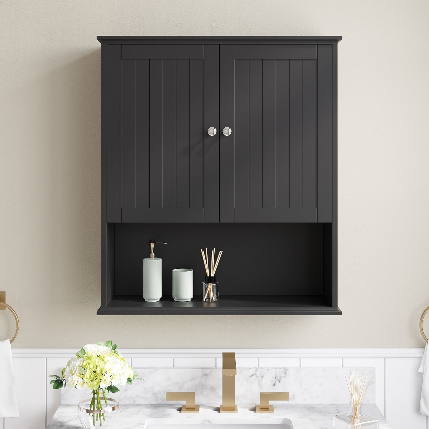 WELLFOR 26-in x 29.5-in x 7.9-in Black Soft Close Bathroom Wall Cabinet