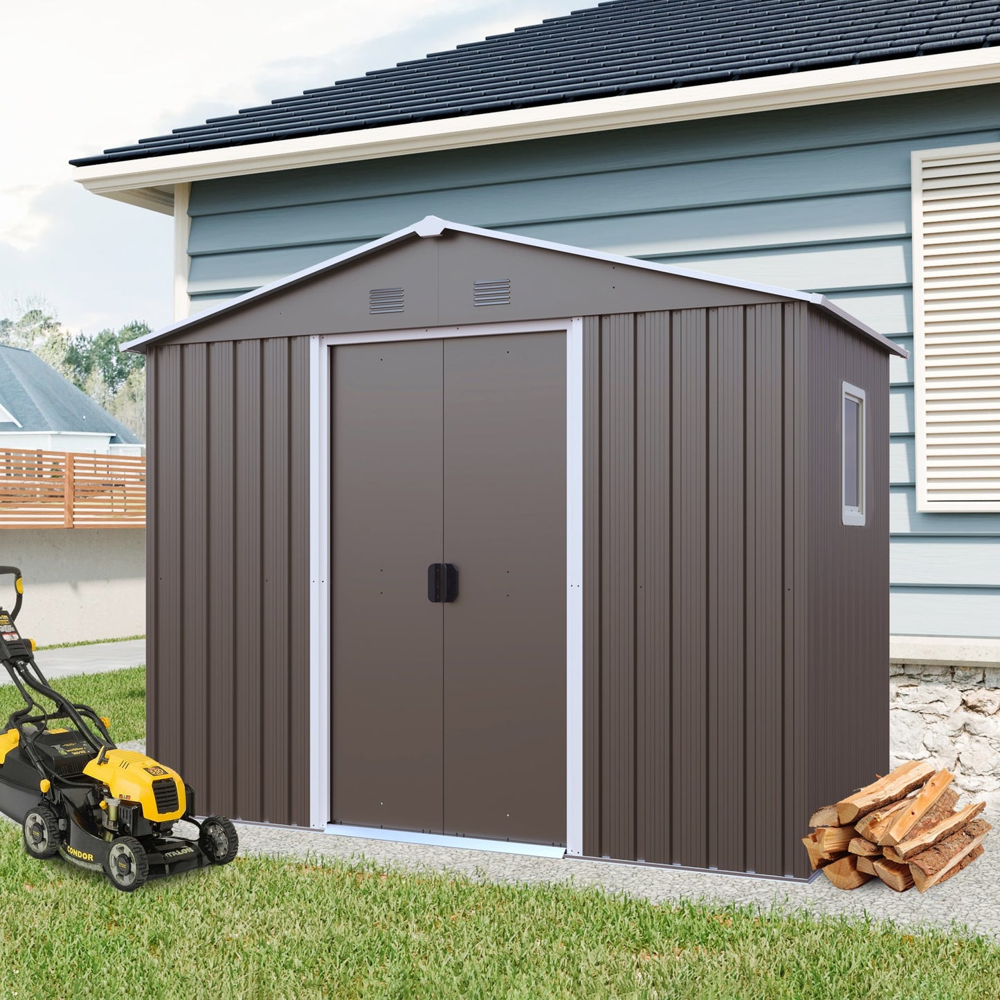 Tatayosi 8ft x 4ft Outdoor Metal Storage Shed With window and metal foundation Gray