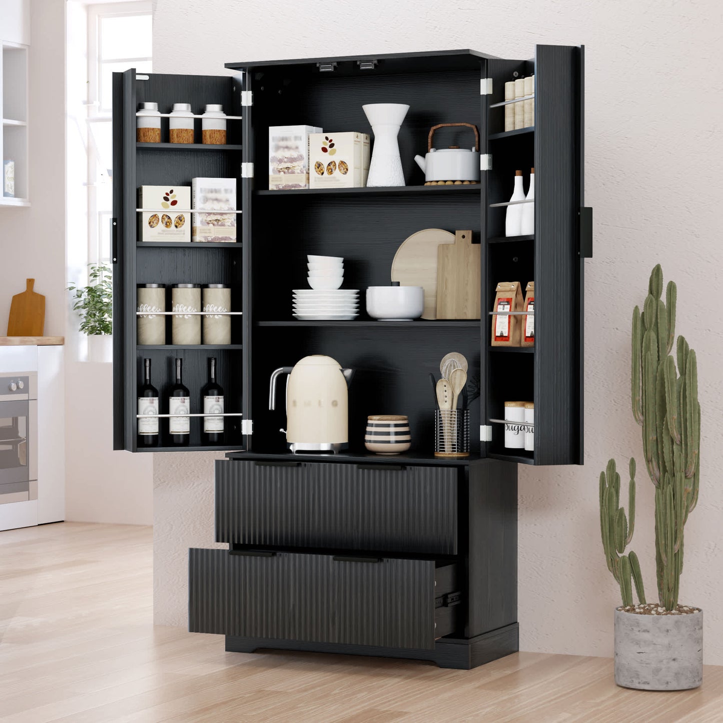 Vynxaria 72in Modern Fluted Kitchen Pantry Cabinet Black French Design 2 Drawers 8 Door Spice Rack Freestanding for Bathroom Dining Office
