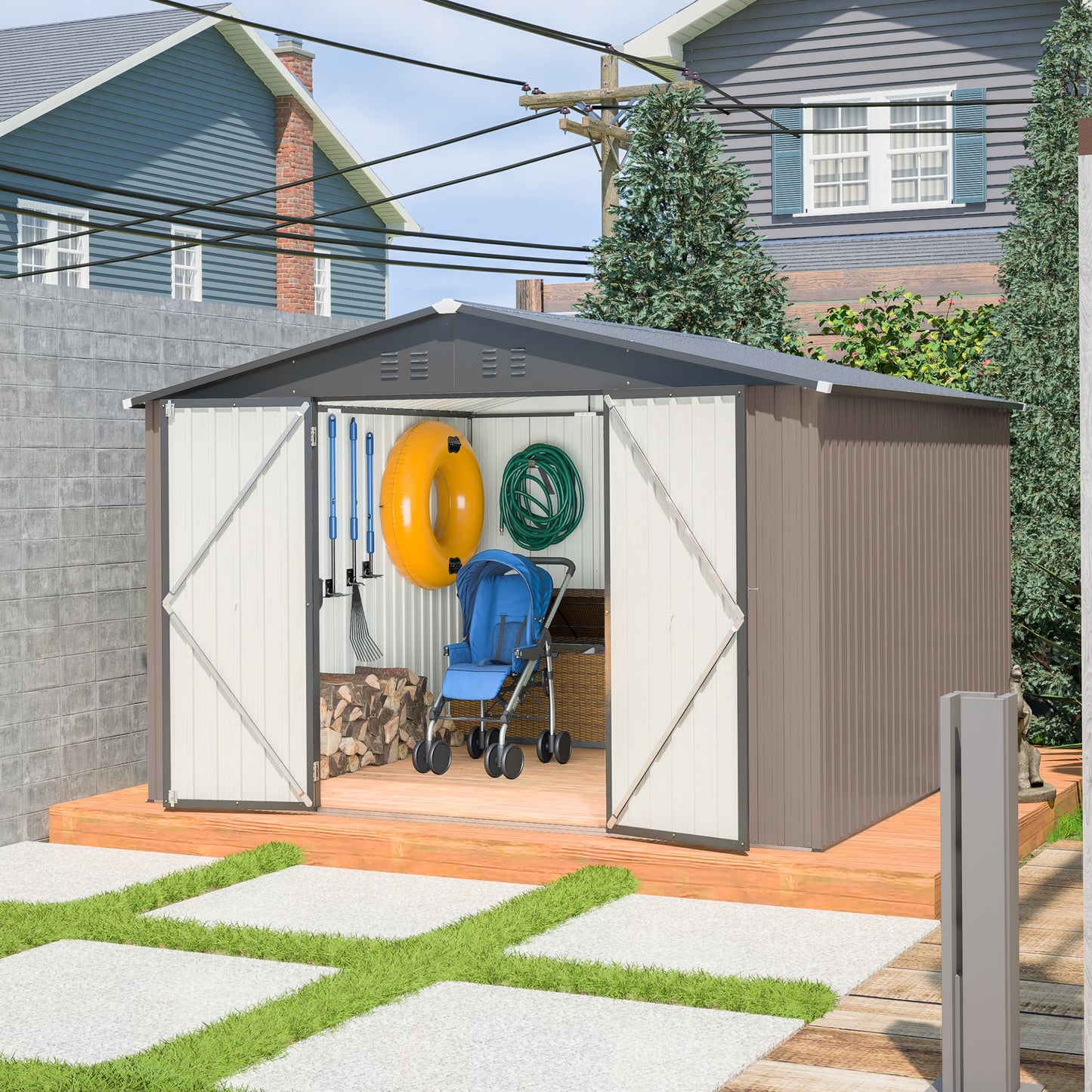 GDFStudio Maloa Reinforced Metal Outdoor Storage Shed with Oversized Lockable Double Doors 4 Vents Sloped Roof and Upgraded Steel Frame-10X10 FT-Brown