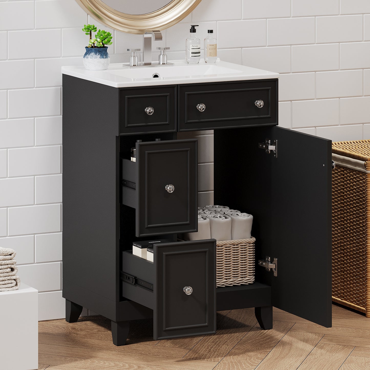 GDFStudio Aria 24-inch Bathroom Vanity Cabinet with Ceramic Sink and Soft-close Doors and Drawer - Black