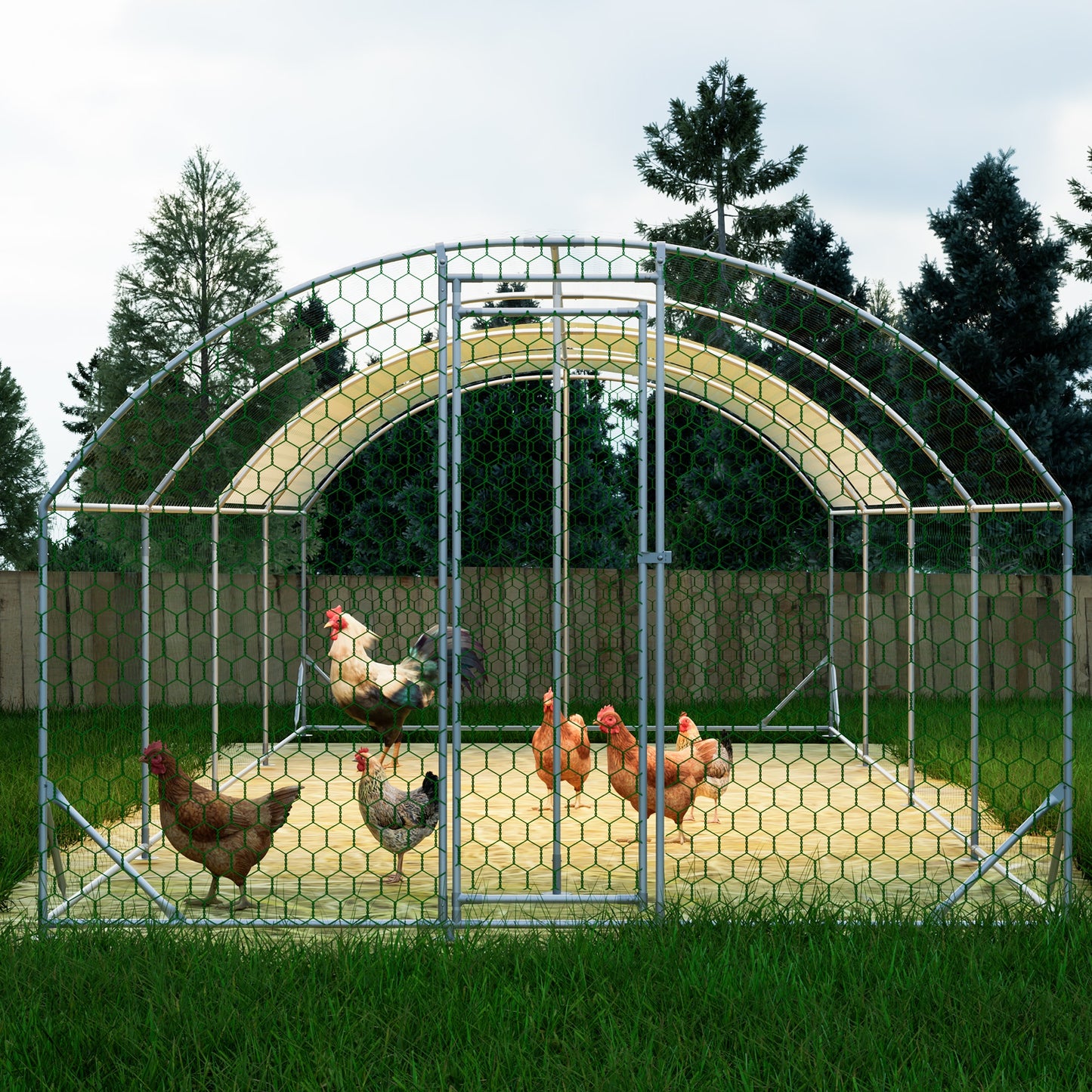 GDFStudio Anderson Galvanized Walk-in-Chicken Coop 26X9X6Ft Flat Shape Outdoor Chicken Rabbit Duck