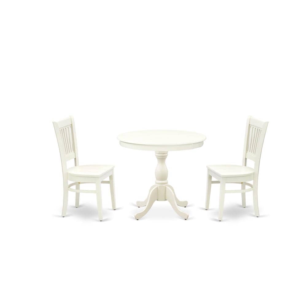 East West Furniture 3 Pc Dining Room Table Set 2 Dining Room Chair and Dining Table Wooden Seat and Slatted Chair Back Linen White Finish