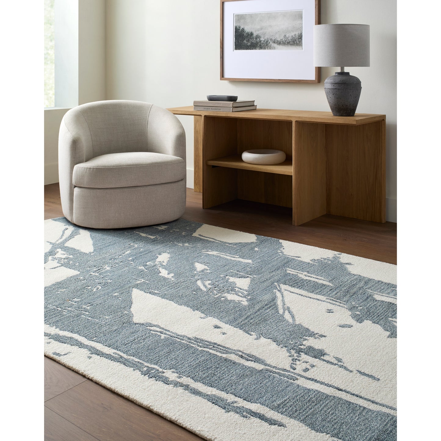 Livabliss Rize 5 x 8 (ft) Tufted Wool White/Pale Blue Rectangular Indoor Ombre Mid-Century Modern Spot Clean Only Pet Friendly Area rug
