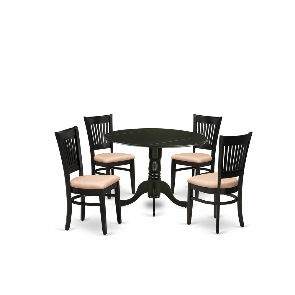 East West Furniture 5 Pc Dining Room Table Set 4 Wooden Chairs with Linen Fabric Seat and Slatted Chair Back Drop Leaves Kitchen Dining Table Black Finish