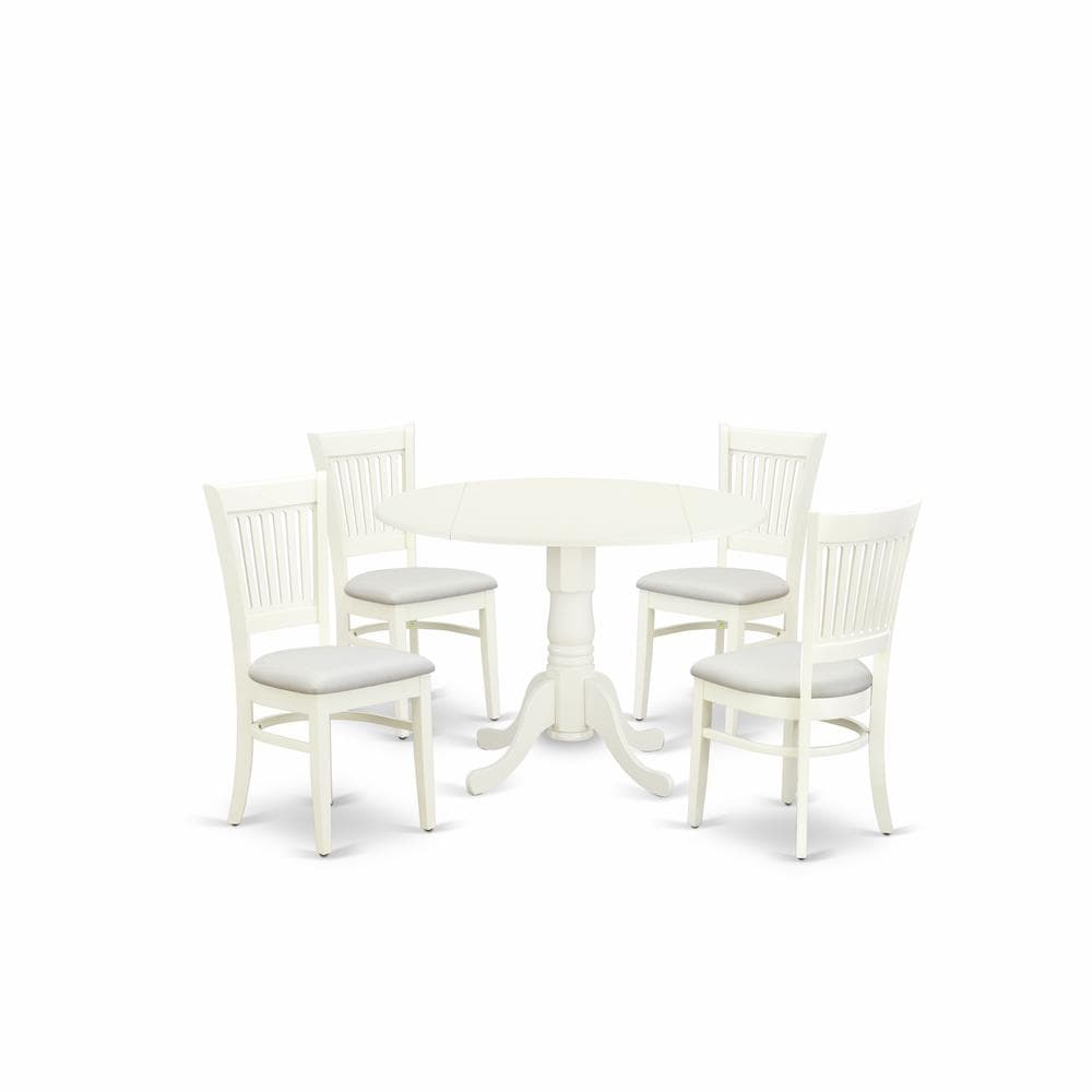East West Furniture 5 Piece Kitchen Table Set 4 Dining Chairs with Linen Fabric Seat and Slatted Chair Back Drop Leaves Dining Table Linen White Finish
