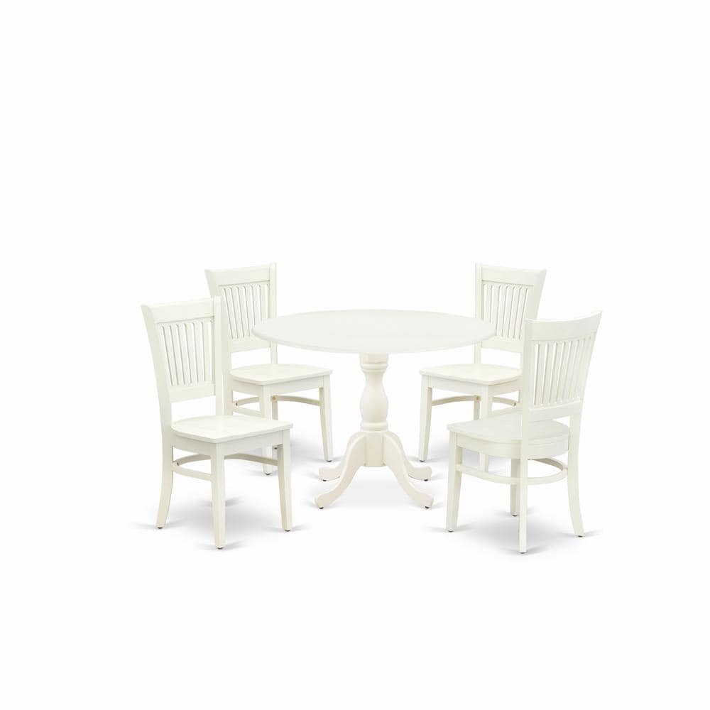 East West Furniture 5 Pc Kitchen Dining Room Set 4 Mid Century Chair with Wooden Seat and Slatted Chair Back Drop Leaves Round Table Linen White Finish