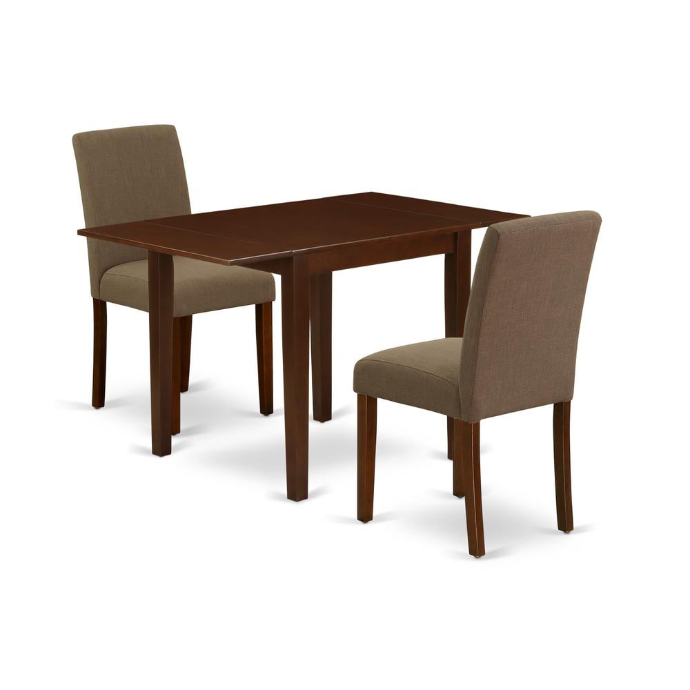 East West Furniture Modern Dining Table Set 3 Pc Two Parson Chairs and a Dining Room Table Mahogany Finish Wood Coffee Color Linen Fabric