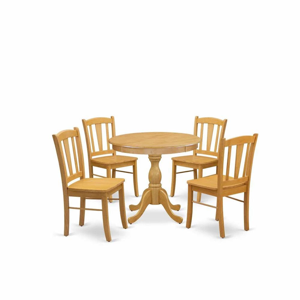 East West Furniture 5 Piece Dining Room Table Set 4 dining room chairs and Kitchen Dining Table Wooden Seat and Slatted Chair Back Oak Finish