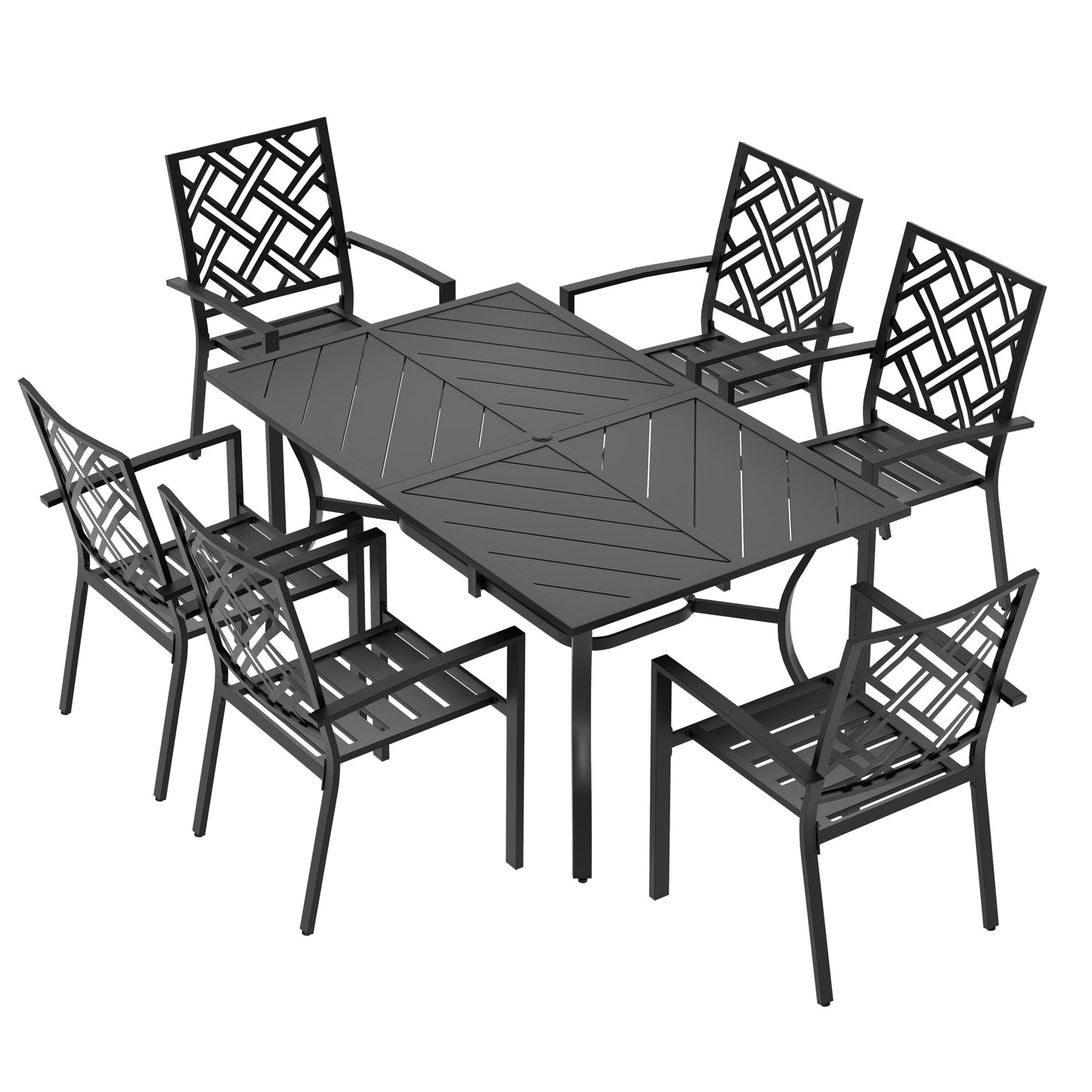 Nuu Garden 7 -Piece Black Patio Dining Set Iron Rectangle Table with 6 Stackable Stationary Chairs