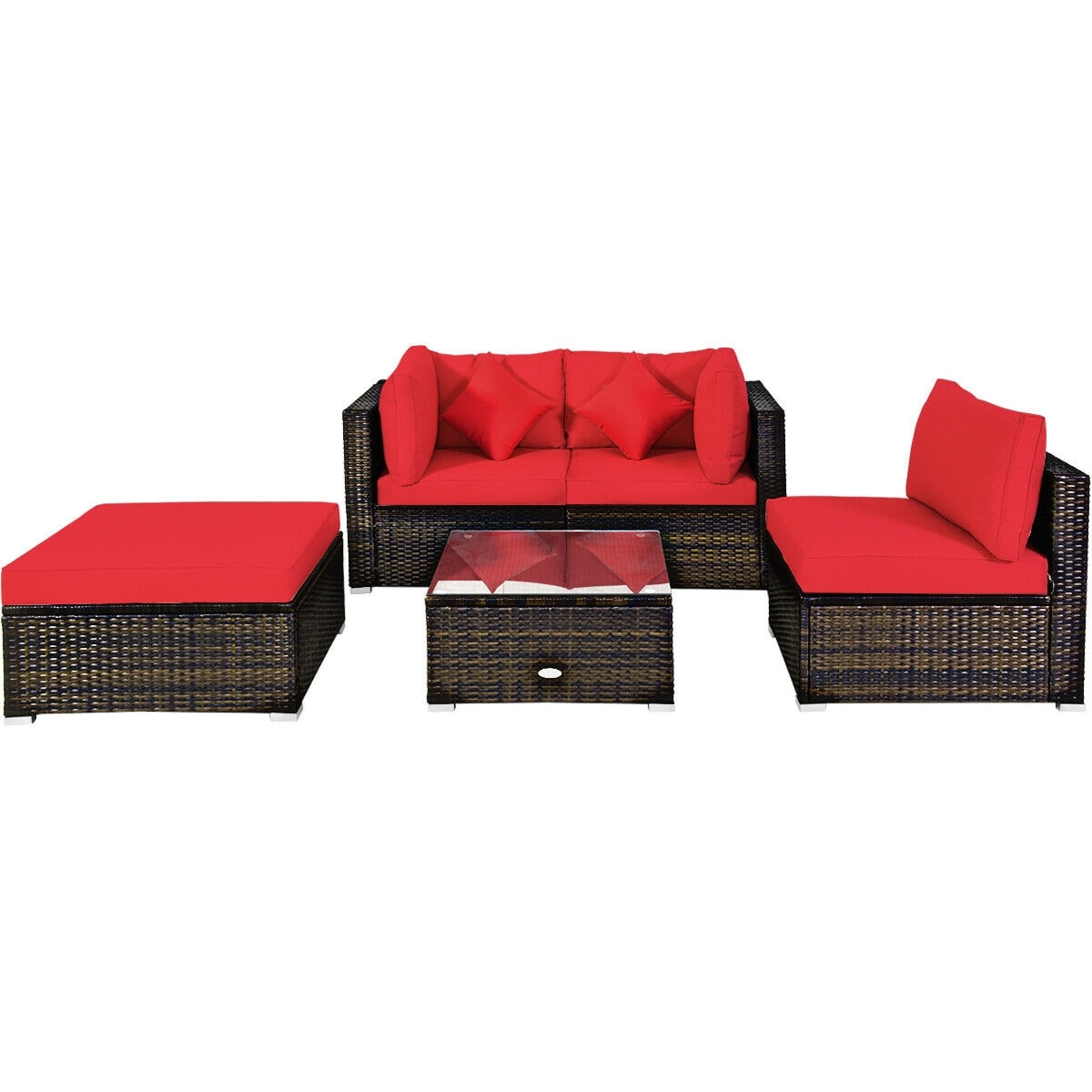 Slickblue 5-Piece Rattan Patio Sectional Set with Corner Sofa 2 Armless Sofas 1 Ottoman and Cushions 1 Coffee Table Included for Patio or Garden - Navy/Red/Black