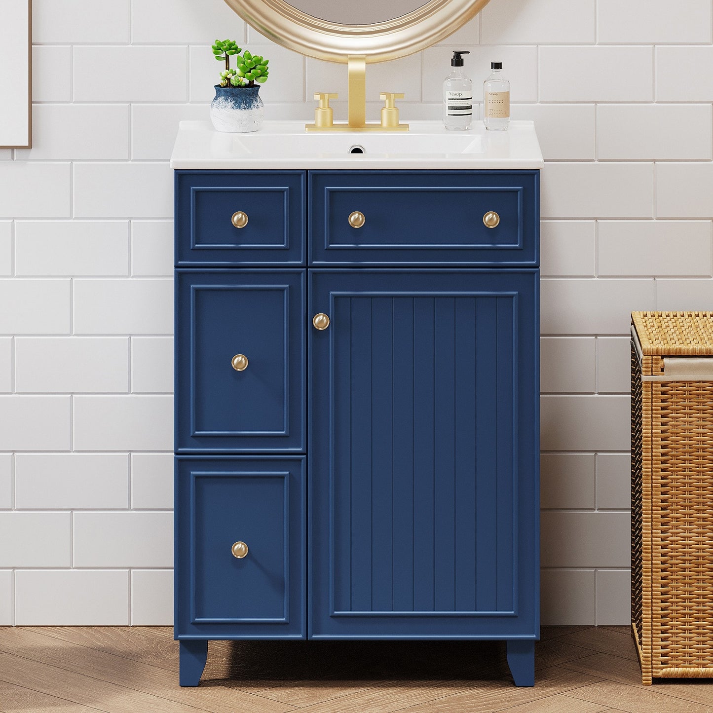 Dexmalle 24-in Blue Undermount Single Sink Bathroom Vanity With White Ceramic Top and Two Drawers