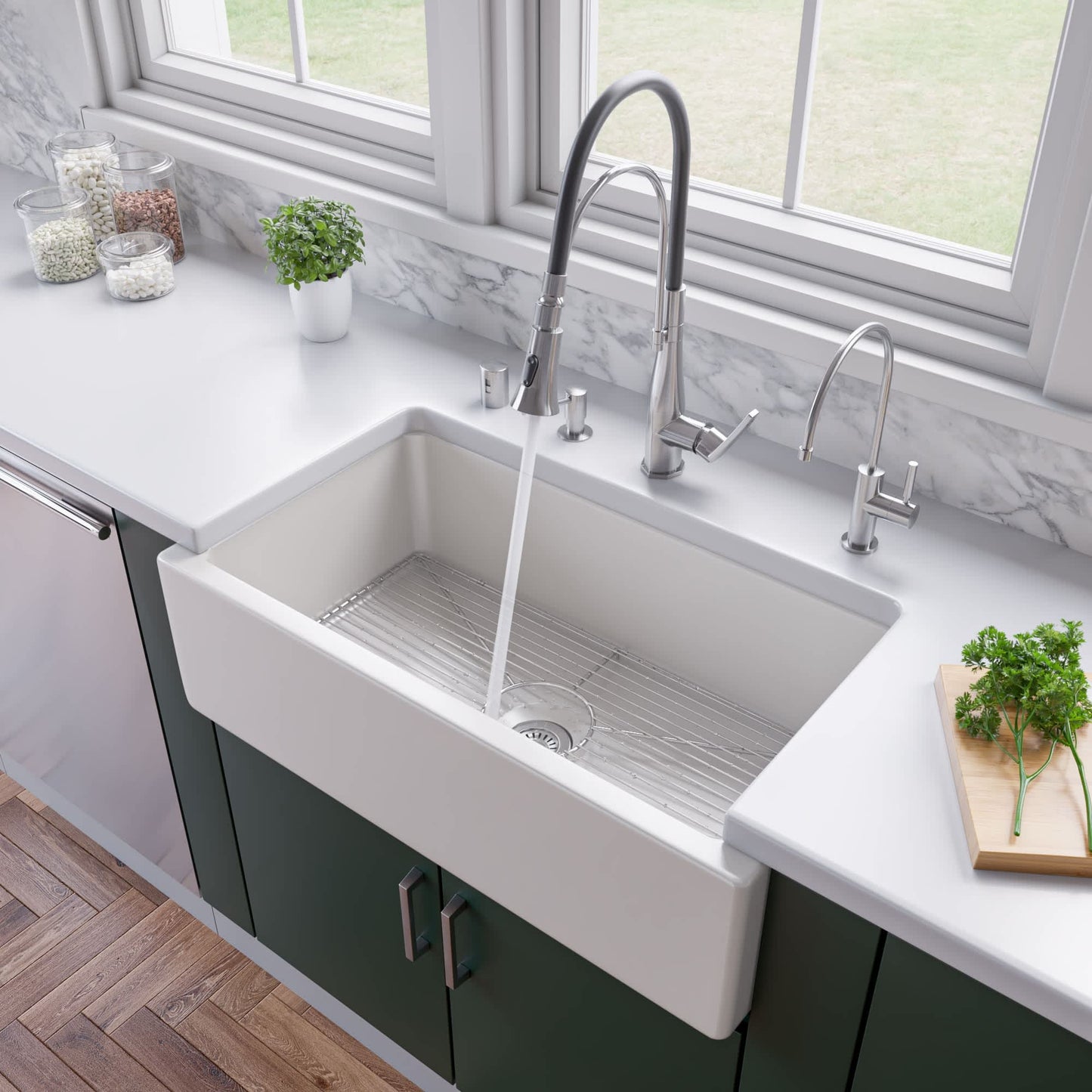 ALFI AB3318HS-W White 33-in x 18-in Reversible Fluted / Smooth Single Bowl Fireclay Farm Sink