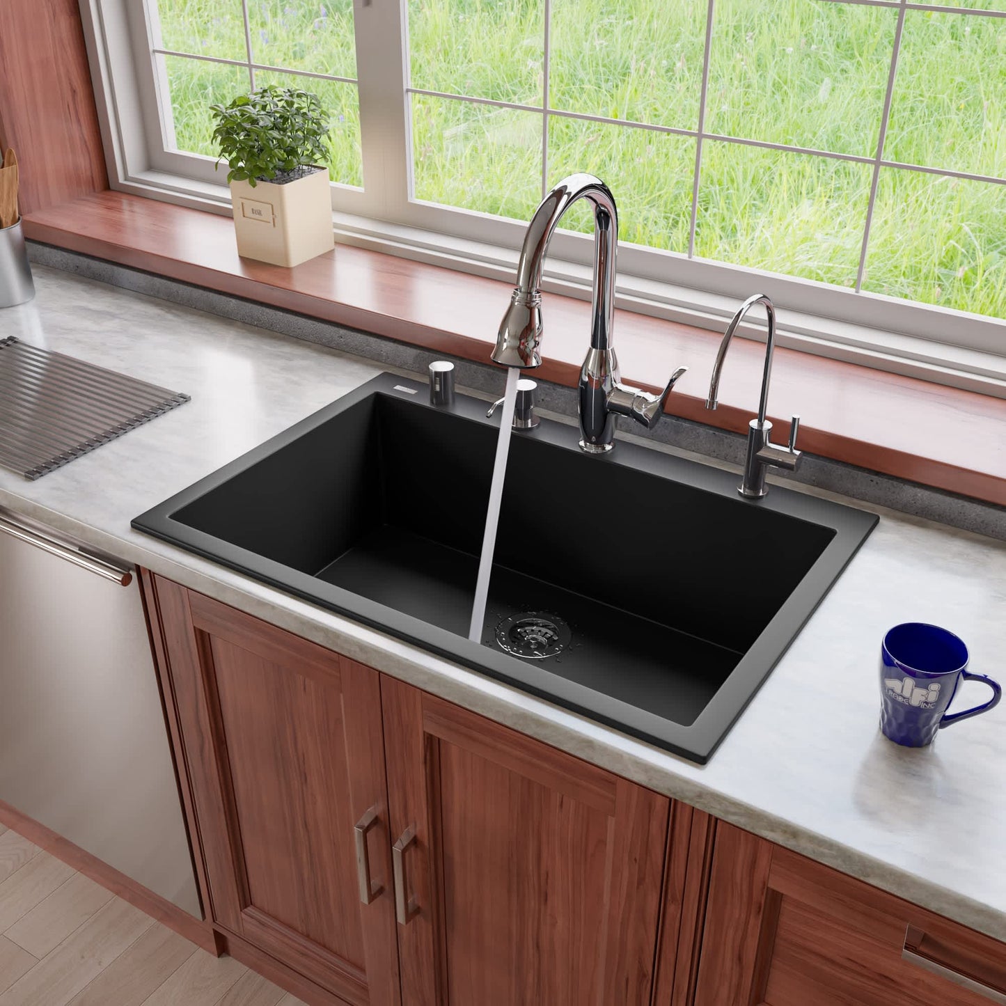 ALFI AB3322DI-BLA Black 33-in Single Bowl Drop In Granite Composite Kitchen Sink