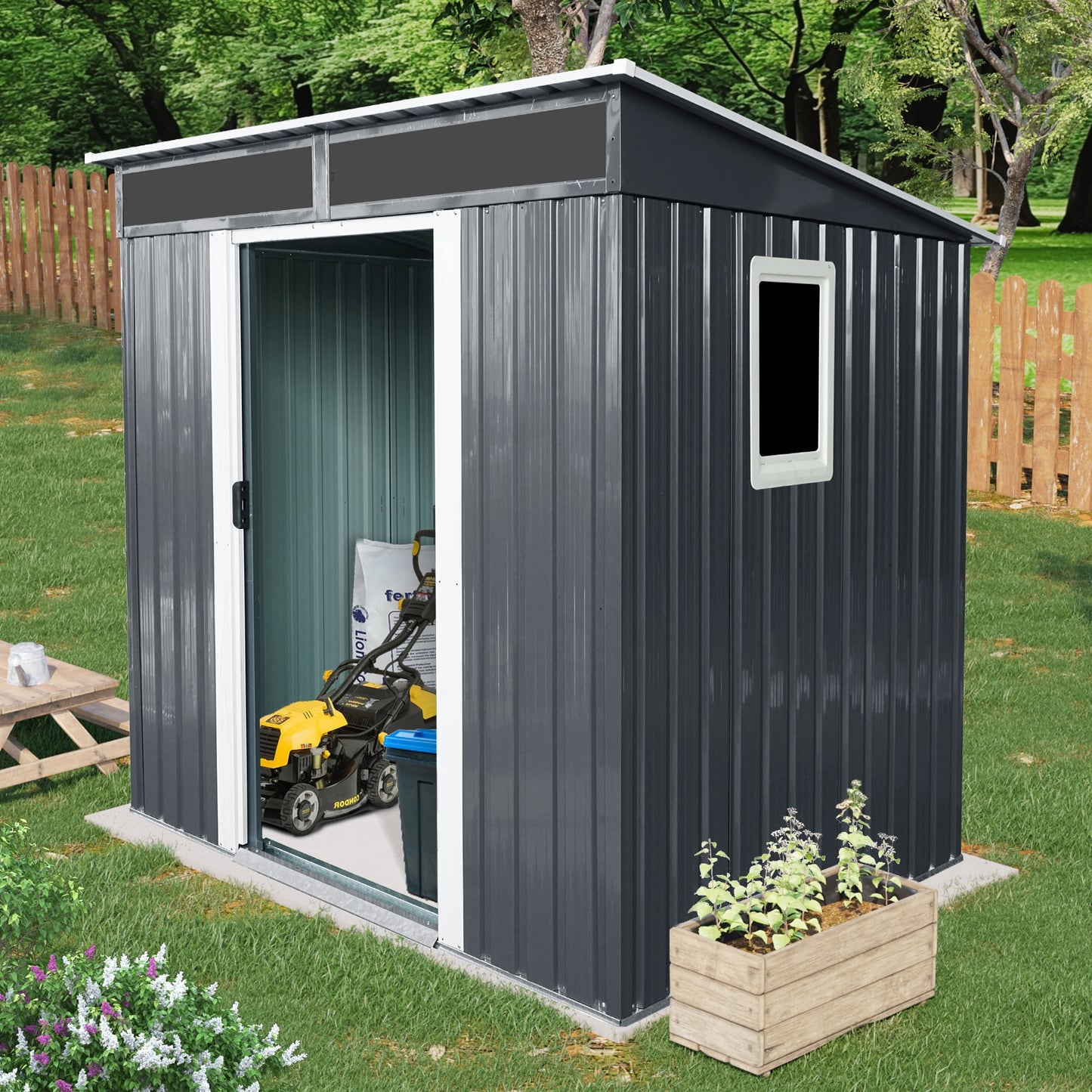 LOVMOR 6ft x 5ft Outdoor Metal Storage Shed with Window and Transparent plate for Garden Lawn Black and White