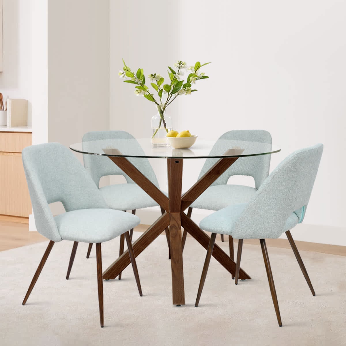 Maison Boucle 5 Piece Round Glass Dining Table Set with 4 Mint Upholstered Chairs Modern Kitchen Furniture