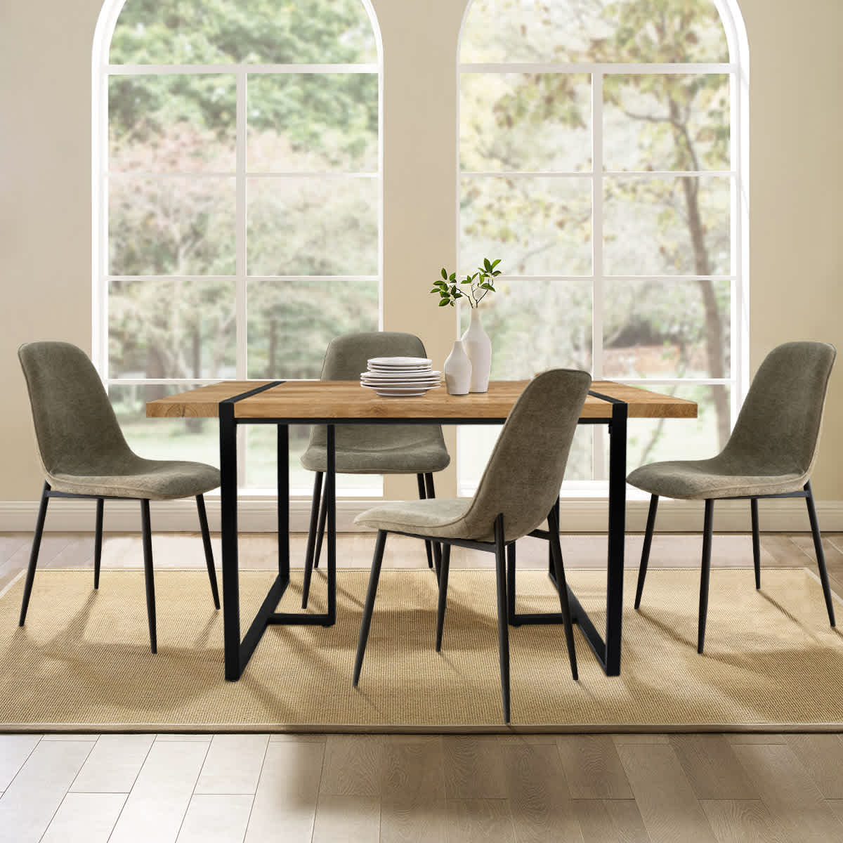 Maison Boucle 5 Piece Modern Dining Table Set 59 Inch Rectangular Table with 4 Upholstered Green Chairs