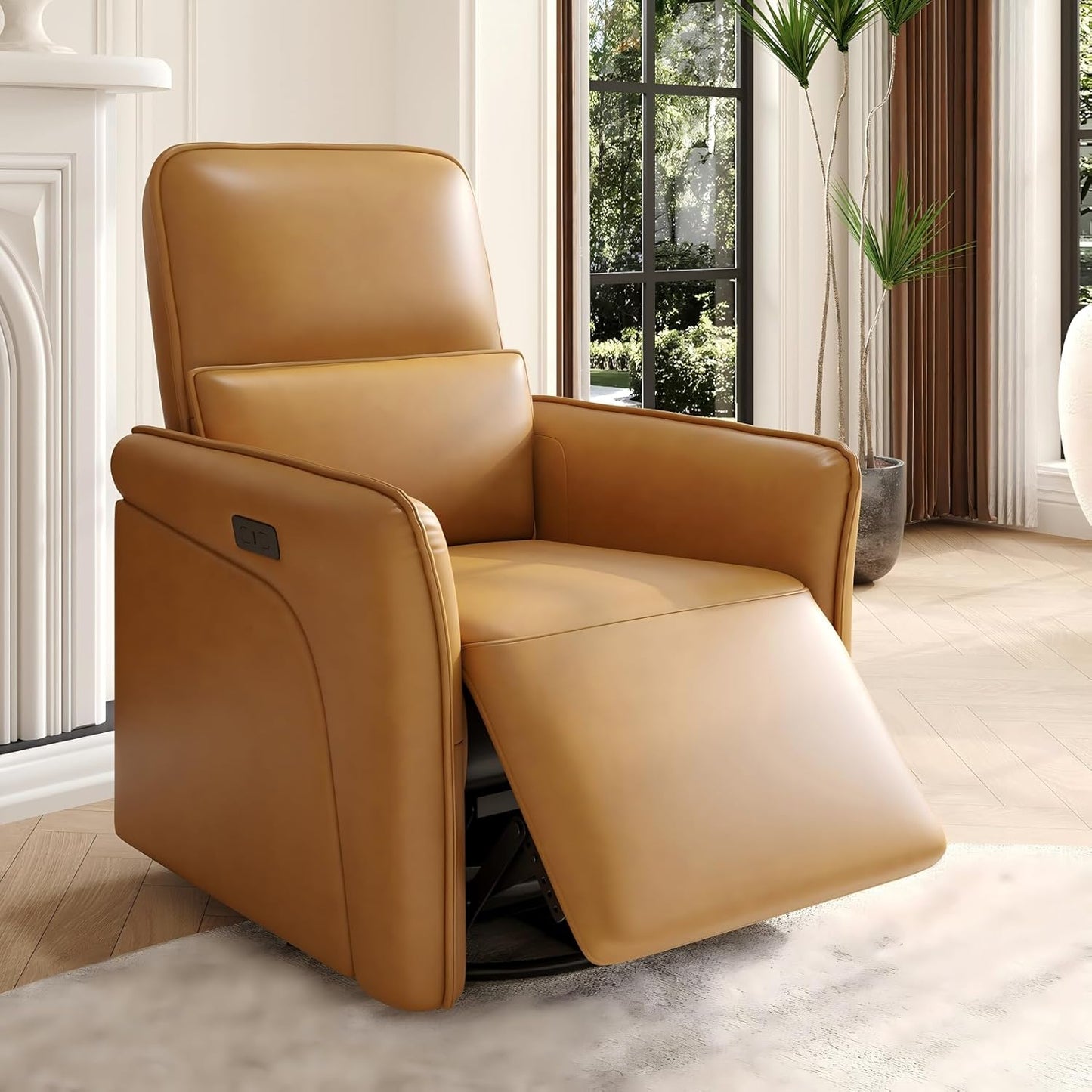 Qeetex Leather Recliner Chair 360° Swivel Power Rocking Reclining Chair for Adults Nursery Recliner Chair Accent Chair with Lumbar Support USB Port Footrest for Living Room or Bedroom Brown