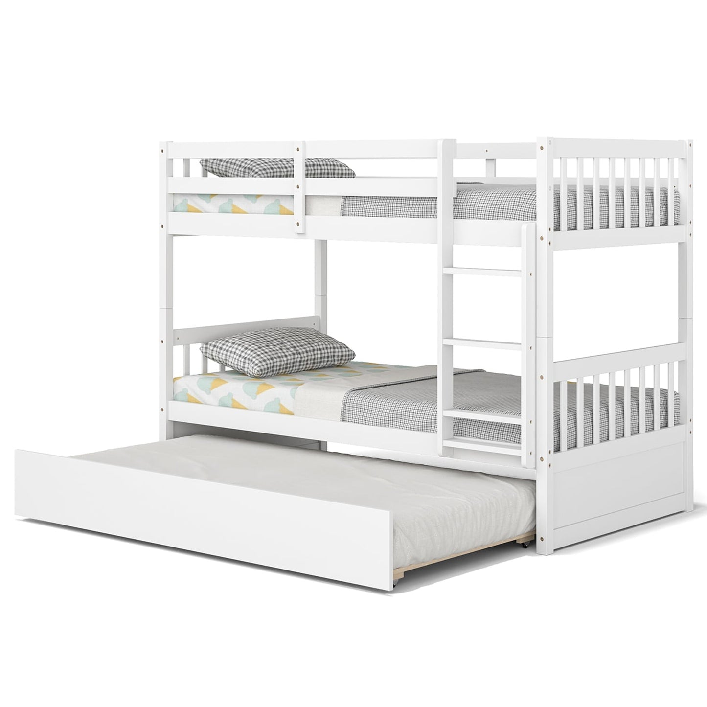 Costway Twin Over Twin Bunk Bed with Twin Trundle Solid Wood Frame White