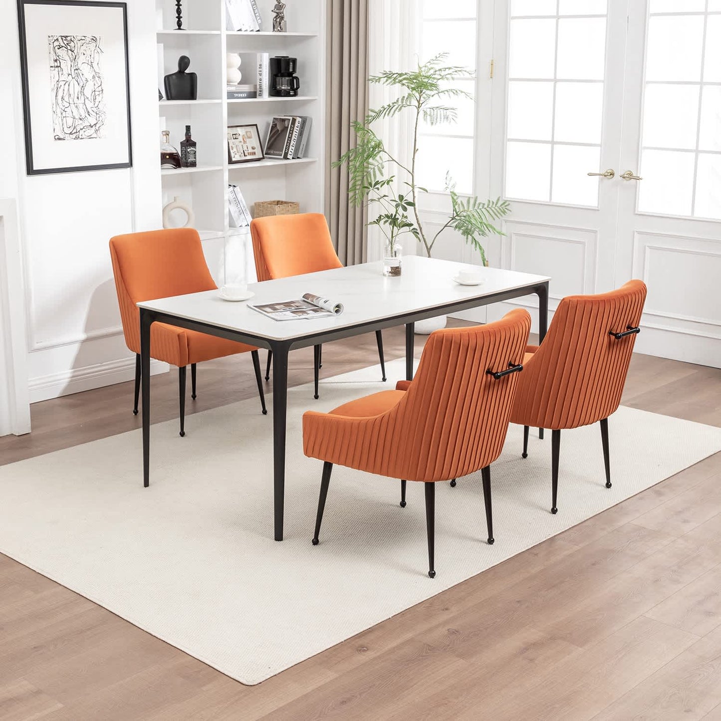 SEYNAR Modern Glam Velvet Black Metal Legs Dining Chair or Vanity Chair Set of 4 with Rear Handle