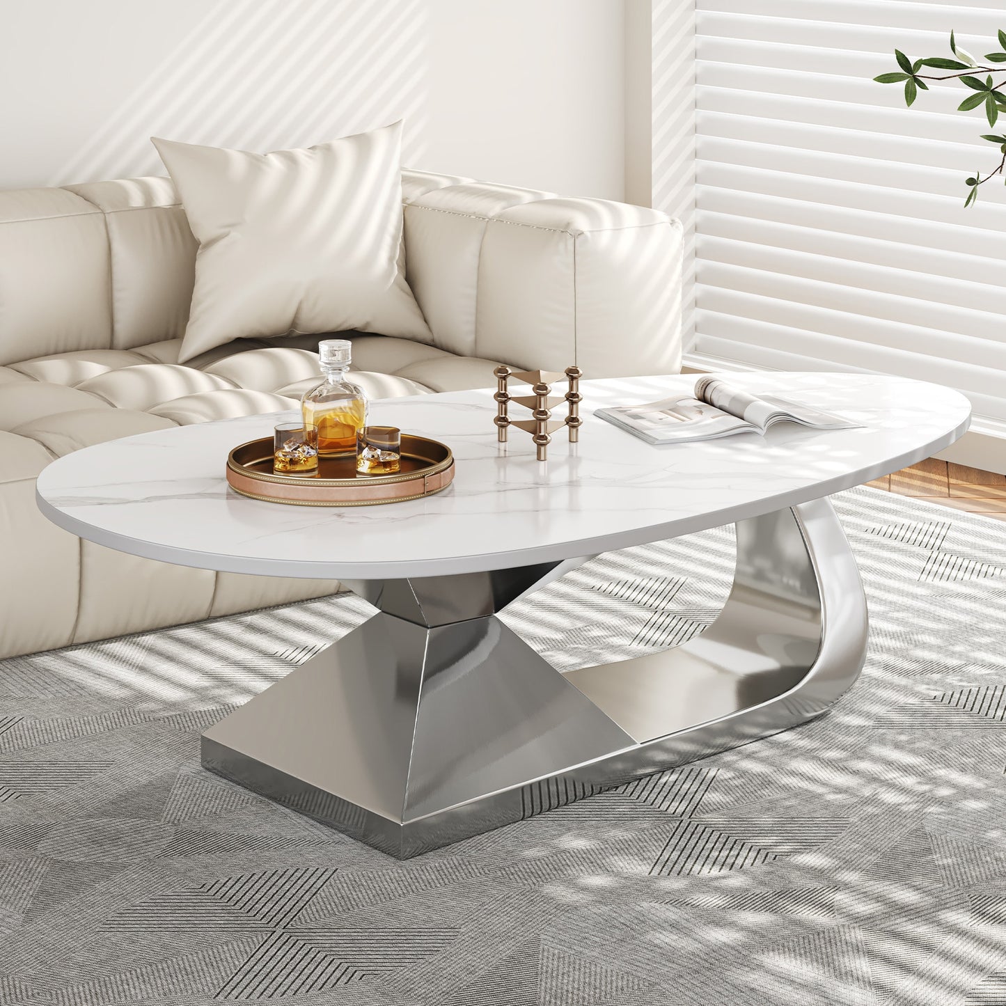 LOVMOR Modern Sintered Stone Tabletop Coffee Table with Stainless Steel Base Elegant and Durable Living Room Centerpiece