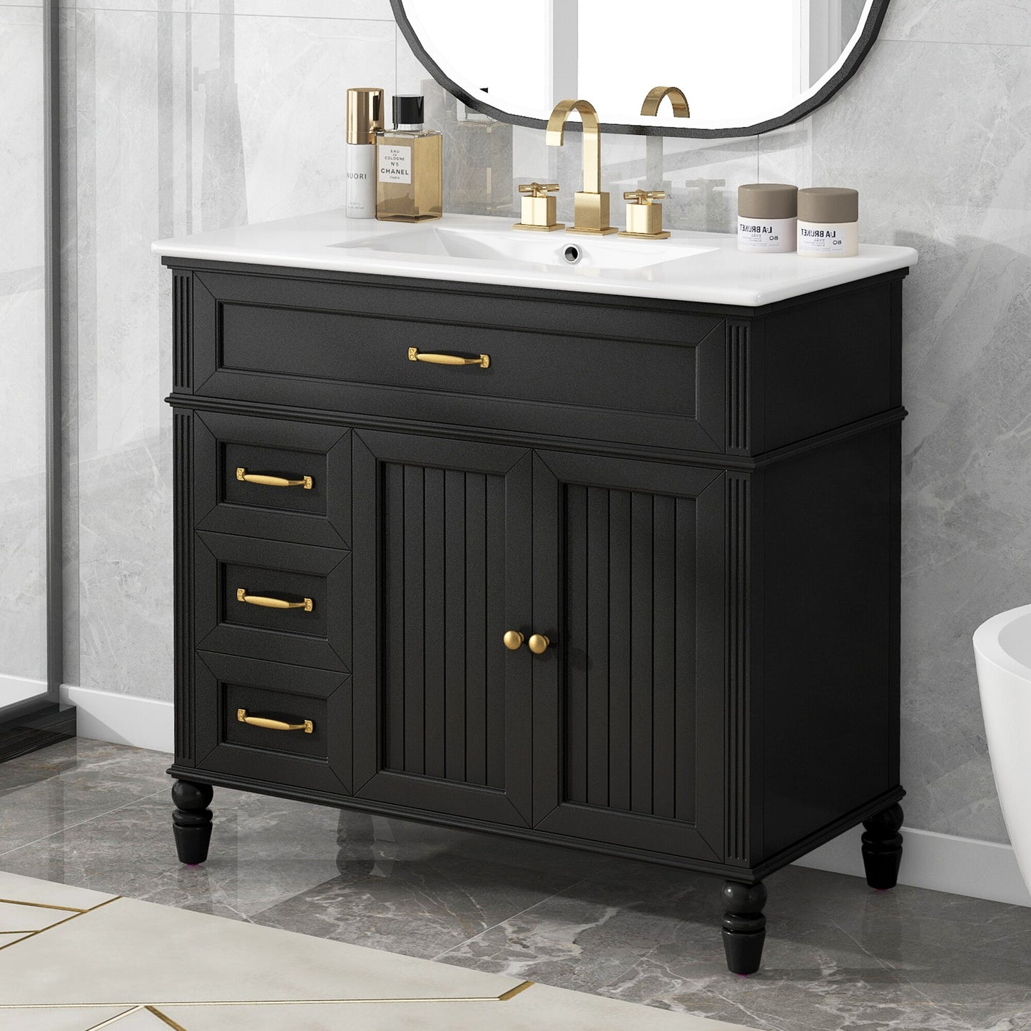LOVMOR Bathroom Vanity with Sink Black Bathroom Cabinet with Drawers Solid Frame and MDF Board One Package