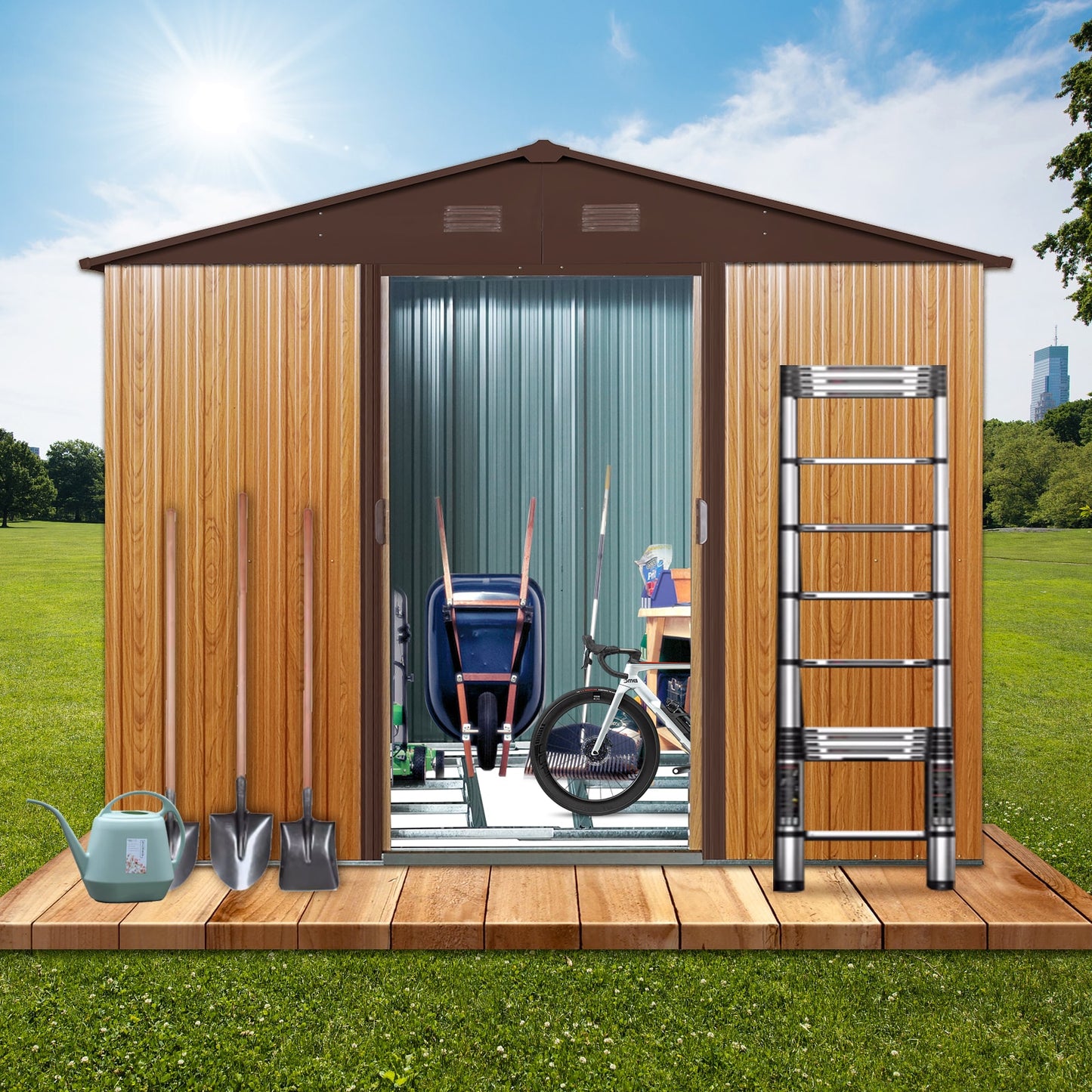 LOVMOR 8ftx6ft Outdoor Metal Storage Shed Metal foundation Coffee W540S00014