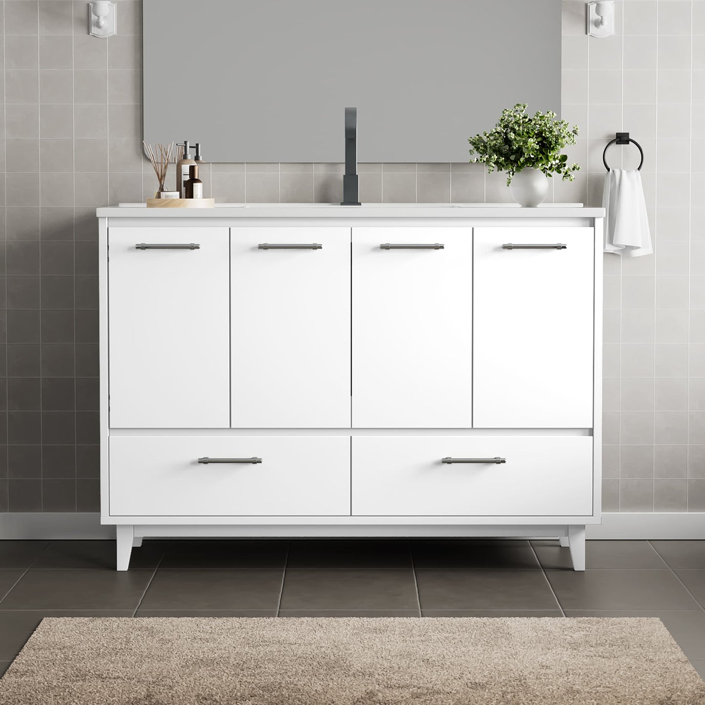 JEAREY Freestanding Vanities 48-in White Single Sink Bathroom Vanity with White Polymarble Top