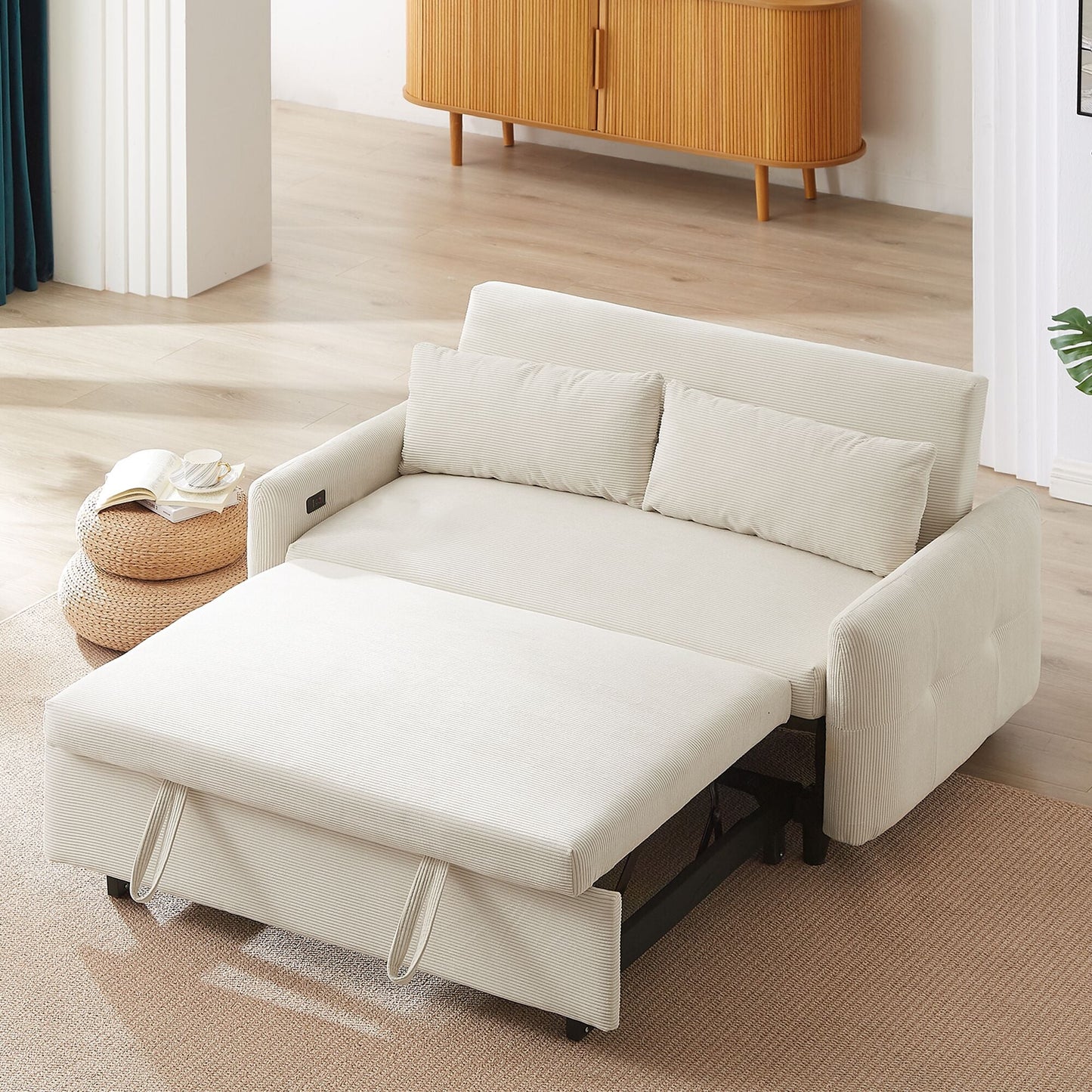 GDFStudio Clara Fabric 57.48-inch Pull-Out Loveseat Sleeper Sofa with USB Ports-Beige