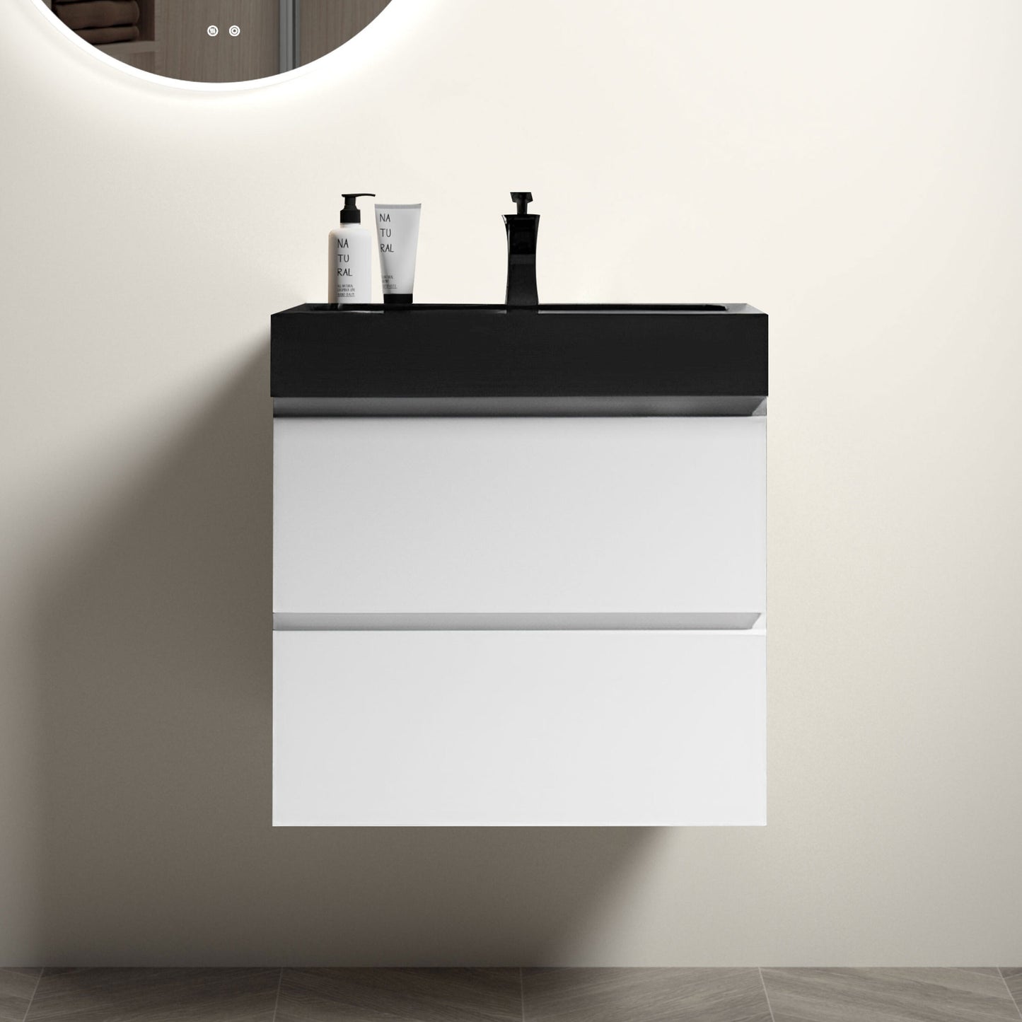 GDFStudio Zenith Modern 24 Inches White Wall Mounted Floating Bathroom Vanity with One-Piece Black Ceramic Sink Basin and Pre-Assembled Large Storage Vanity without Drain and Faucet
