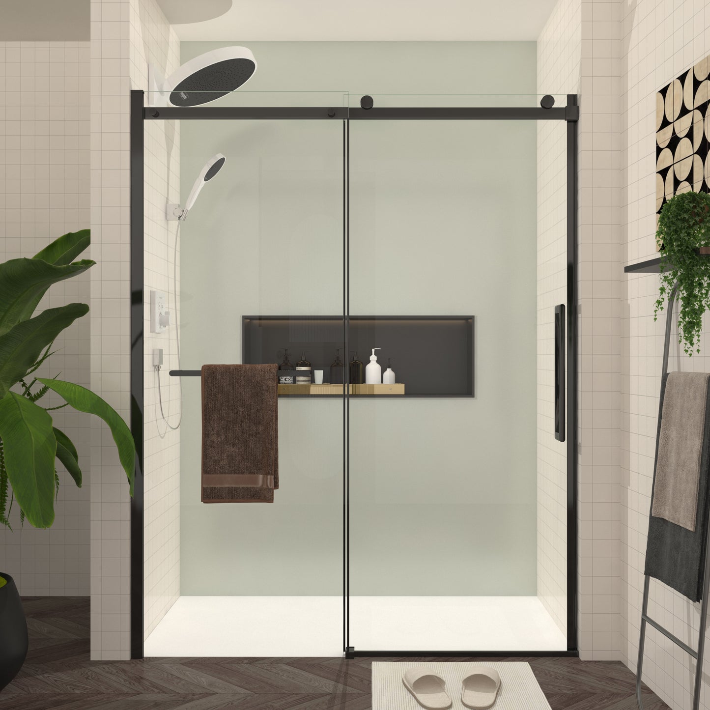 GDFStudio Aria Sliding Shower Door 56-60 Inches Width x 76 Inches Height - Frameless Glass Shower Door with Matte Black Hardware Towel Bar and Handle