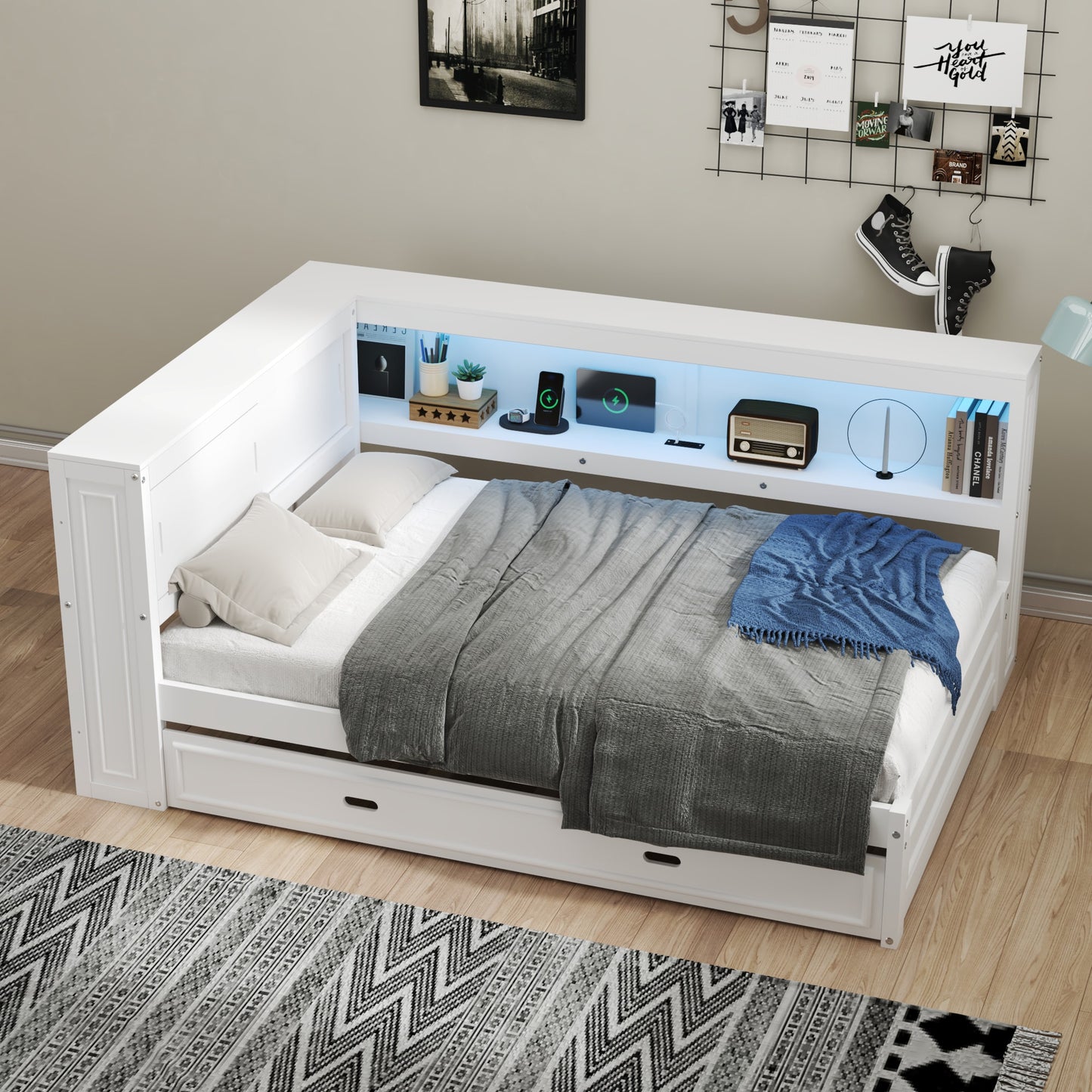 GDFStudio Rowan Wood Full Daybed with Storage Shelves and USB LED Light and Trundle-White