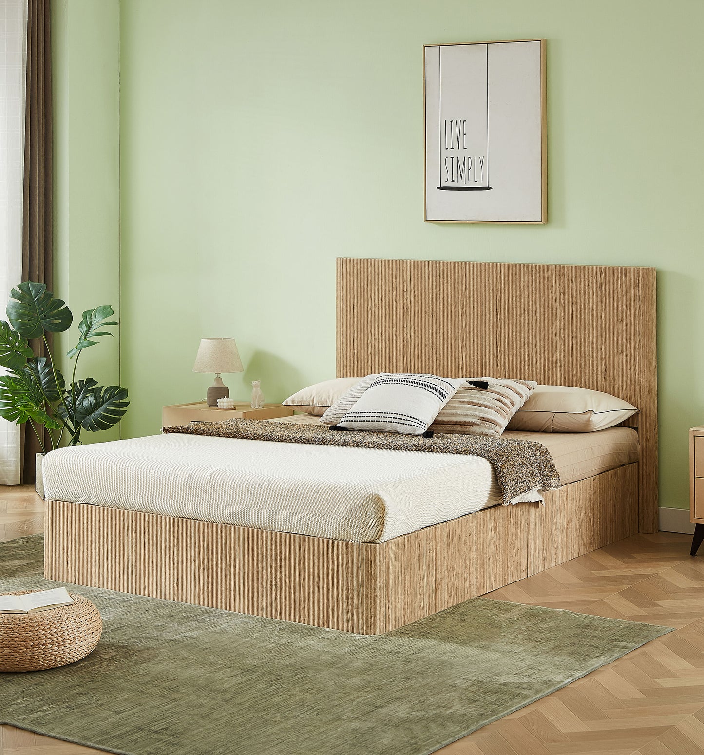 GDFStudio Rowan Nordic Wood Storage Bed Frame with Hydraulic Lift – Queen – Oak Finish