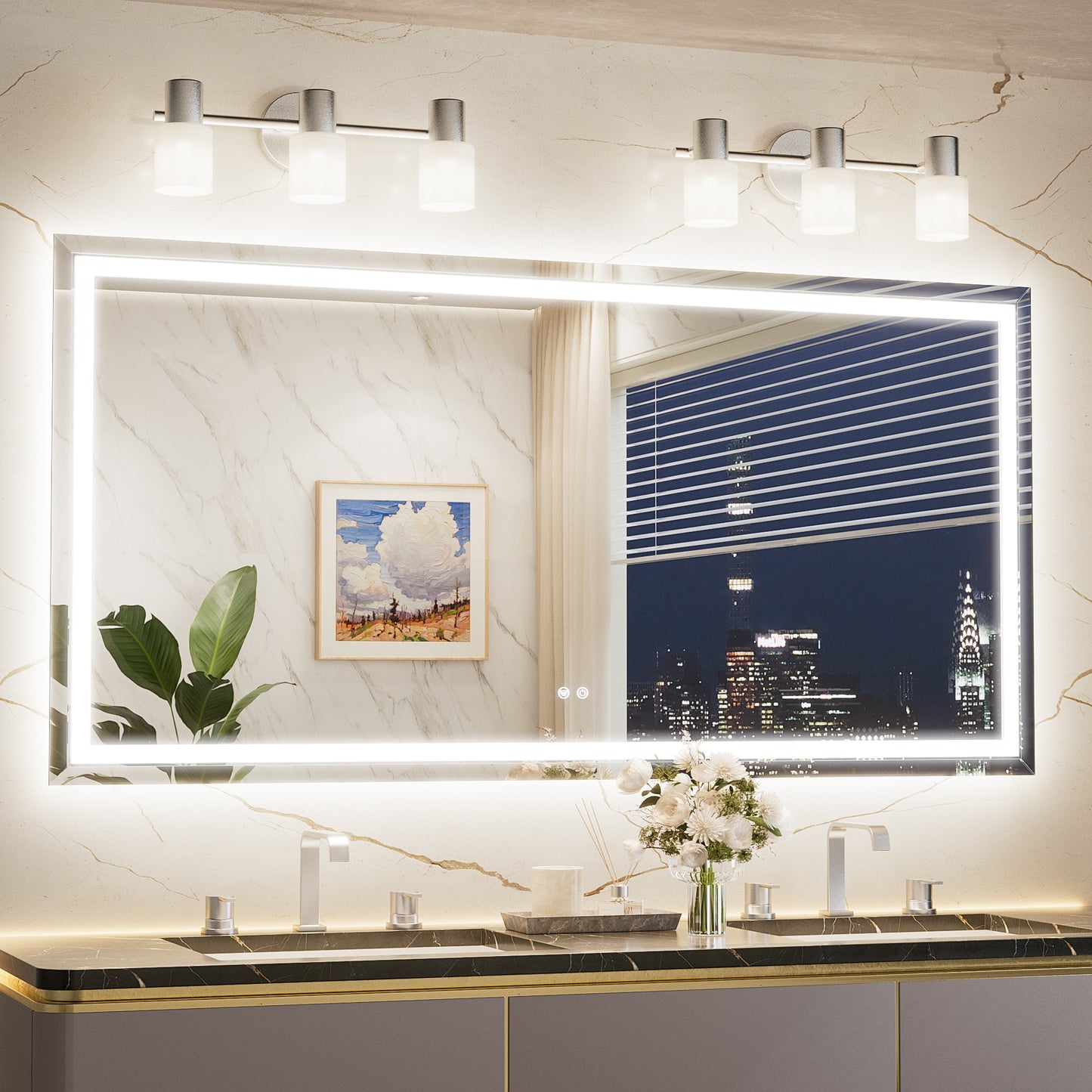 Keonjinn Lighted Bathroom Mirrors 72-in x 36-in Beveled Frameless Rectangle Dimmable LED Lighted Fog Free Bathroom Vanity Mirror ( Silver )